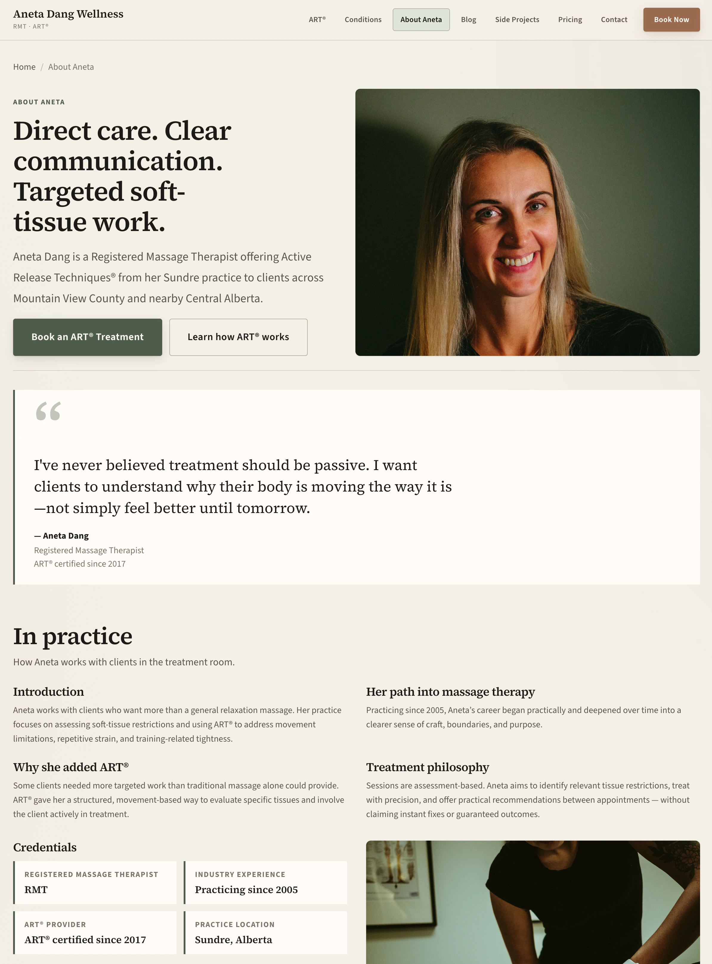 About Aneta page describing her practice, credentials, and treatment approach, with a portrait photograph.
