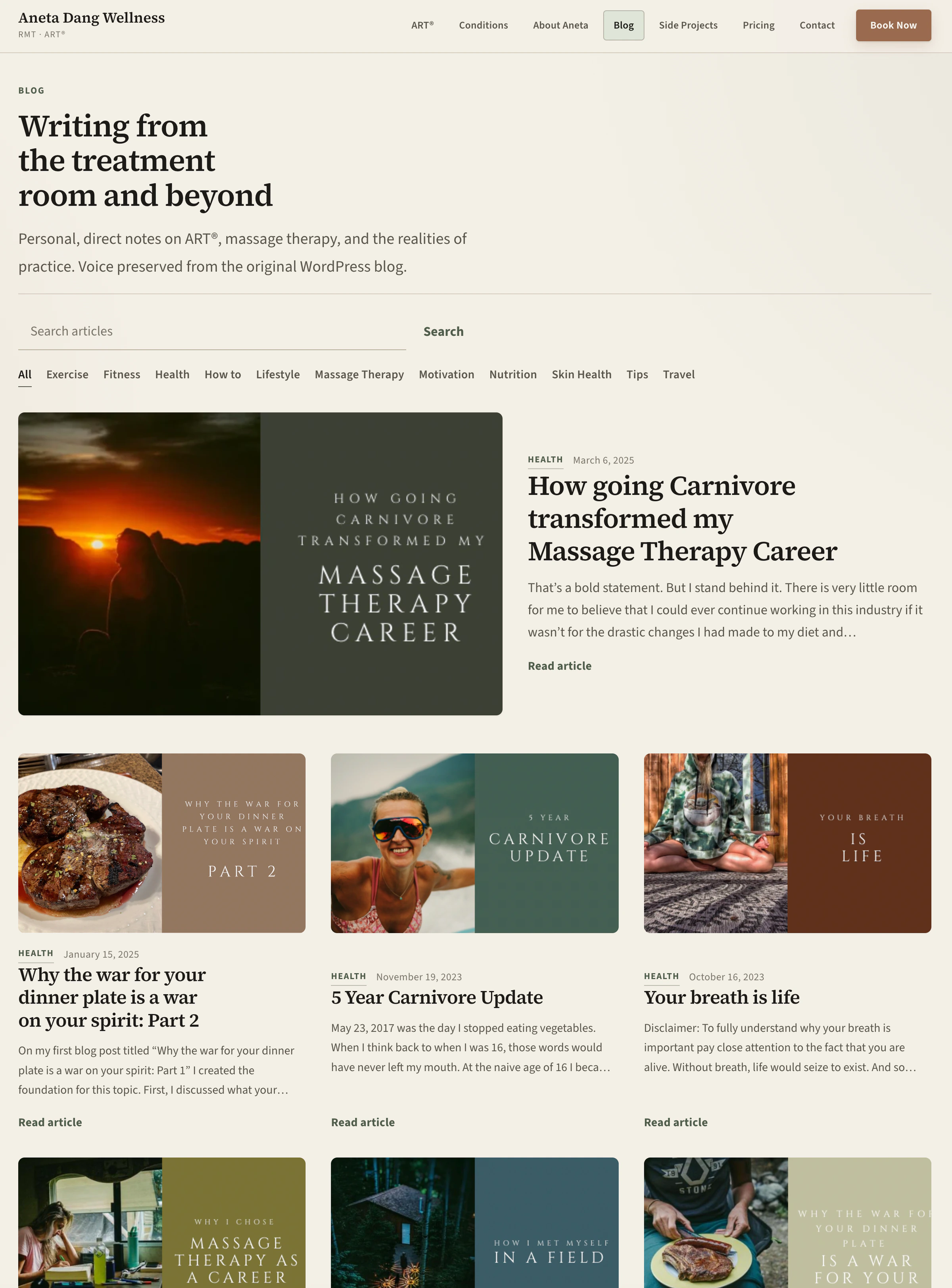 Aneta Dang Wellness blog listing editorial articles on the rebuilt Astro website.