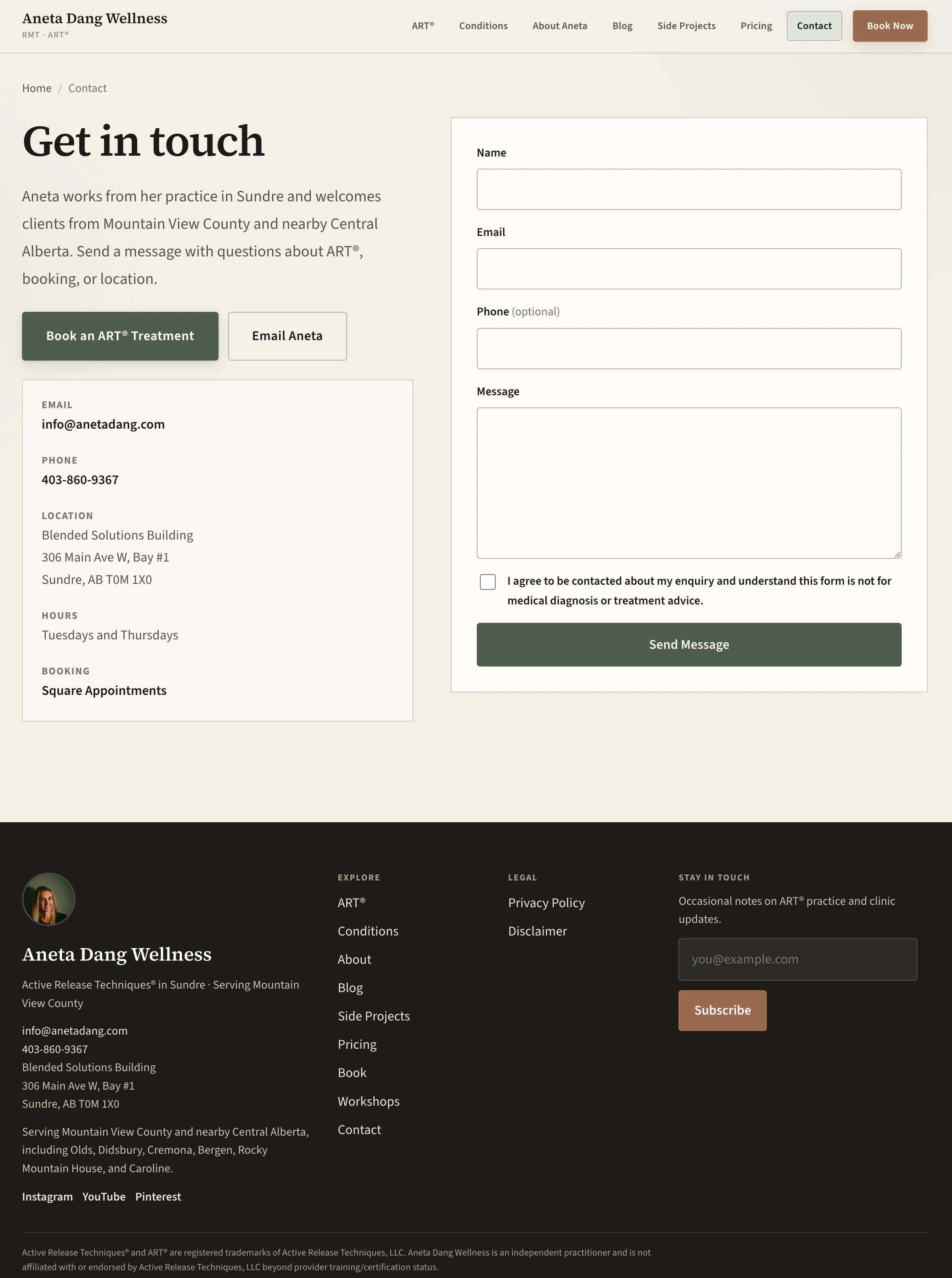 Aneta Dang Wellness contact page with location context and a path into booking.