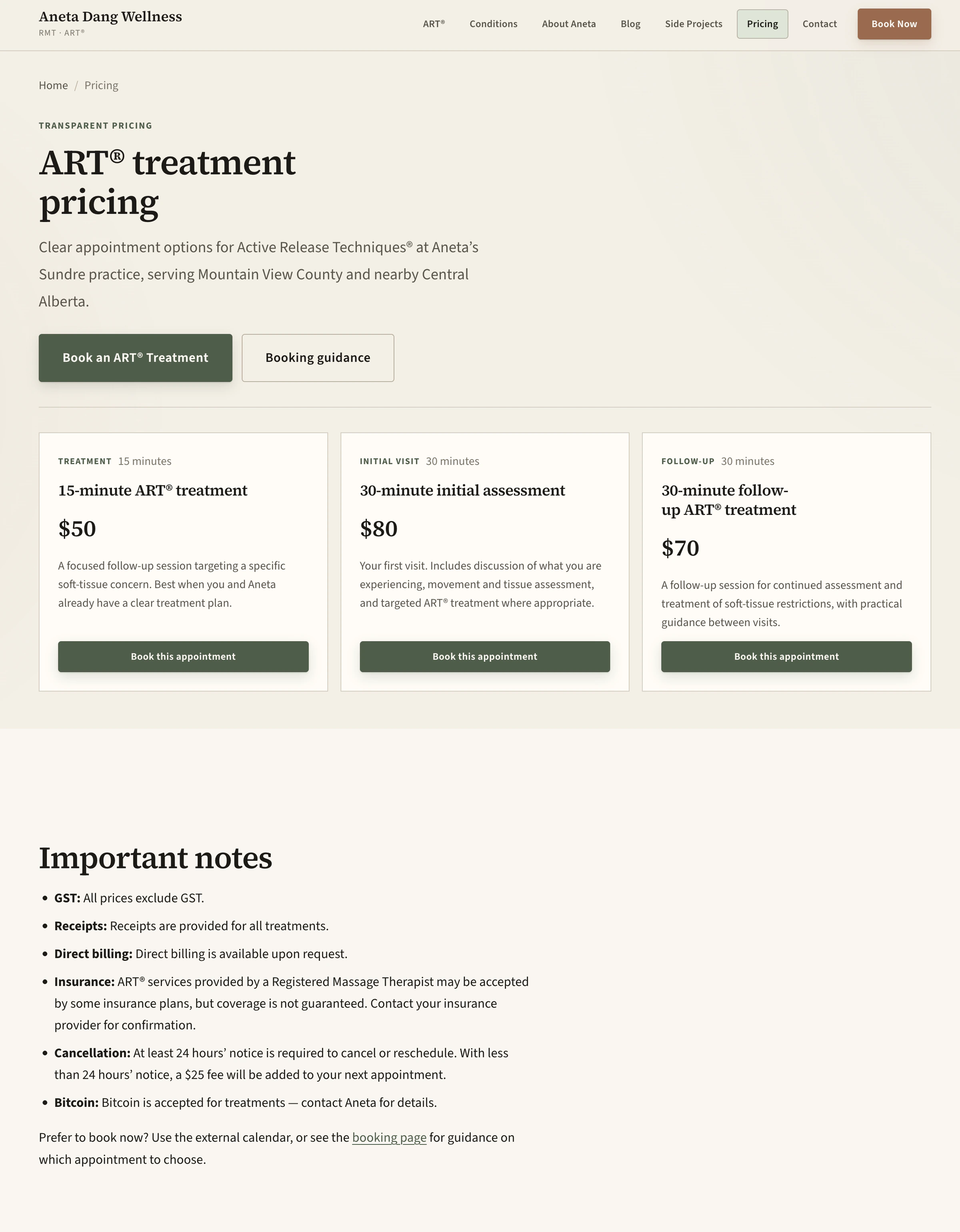 Aneta Dang Wellness pricing page with ART treatment lengths, prices, and book-this-appointment actions.
