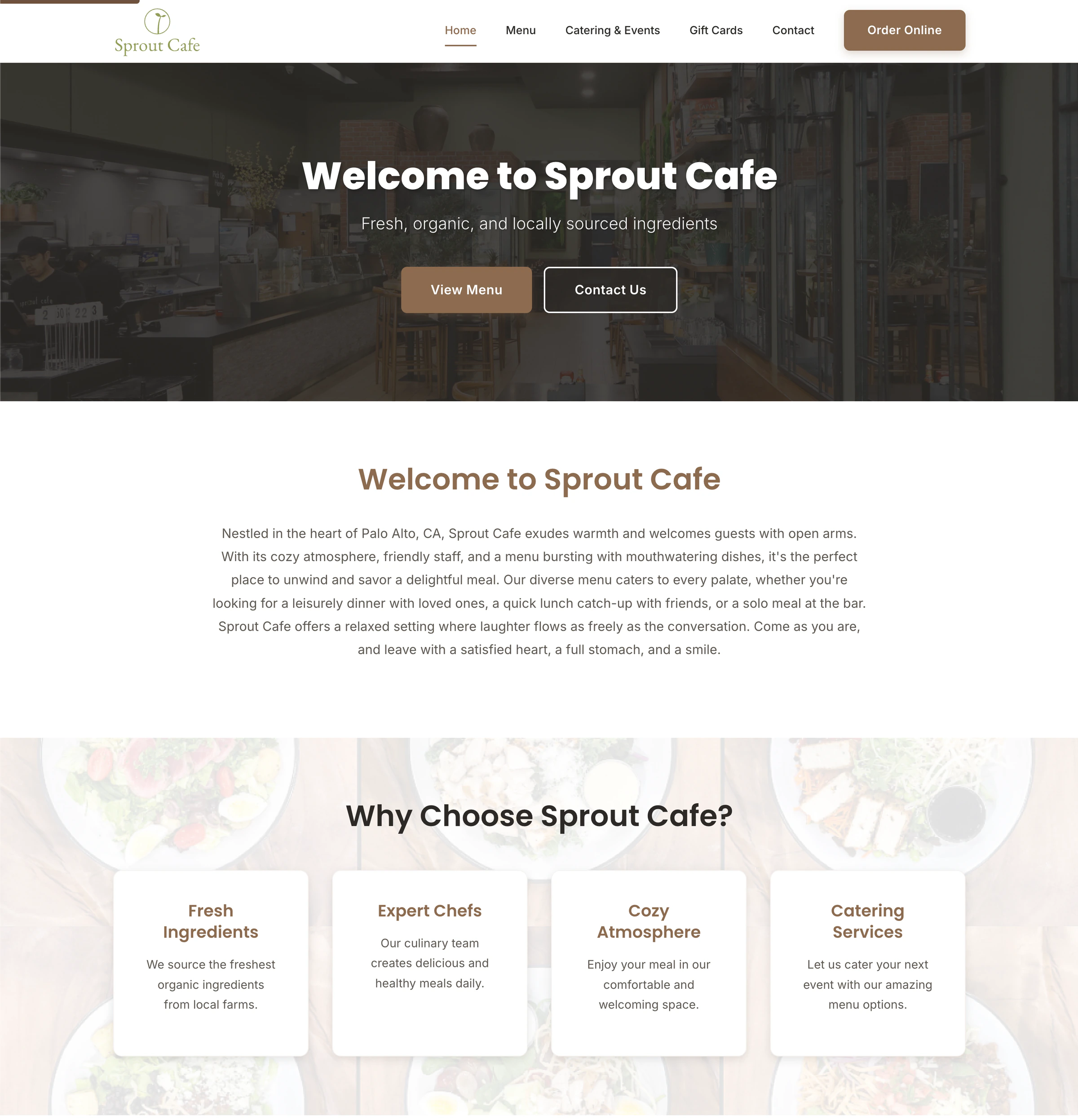 Cafe Sprout homepage with restaurant navigation, a welcome headline, and calls to view the menu or contact the restaurant.