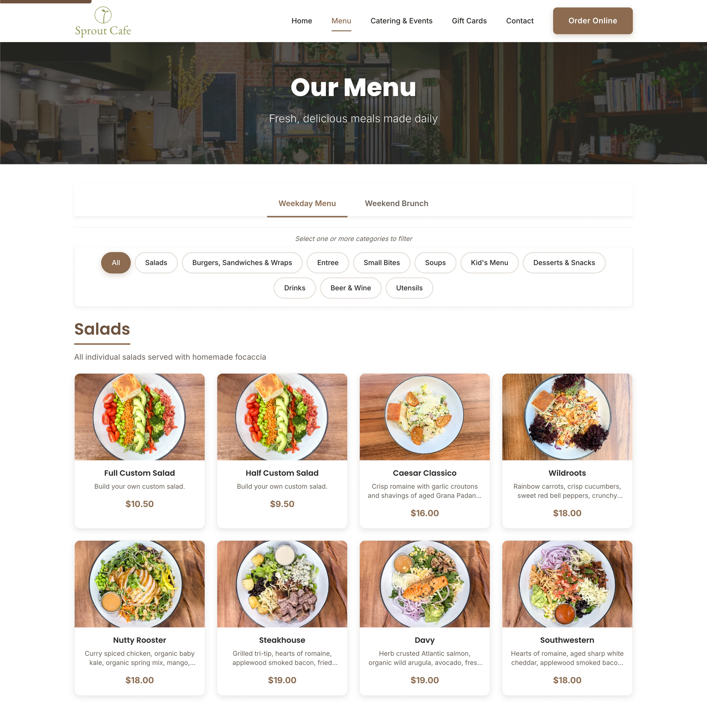 Cafe Sprout menu page showing weekday menu categories and salad items with photos, descriptions, and prices from Toast menu data.