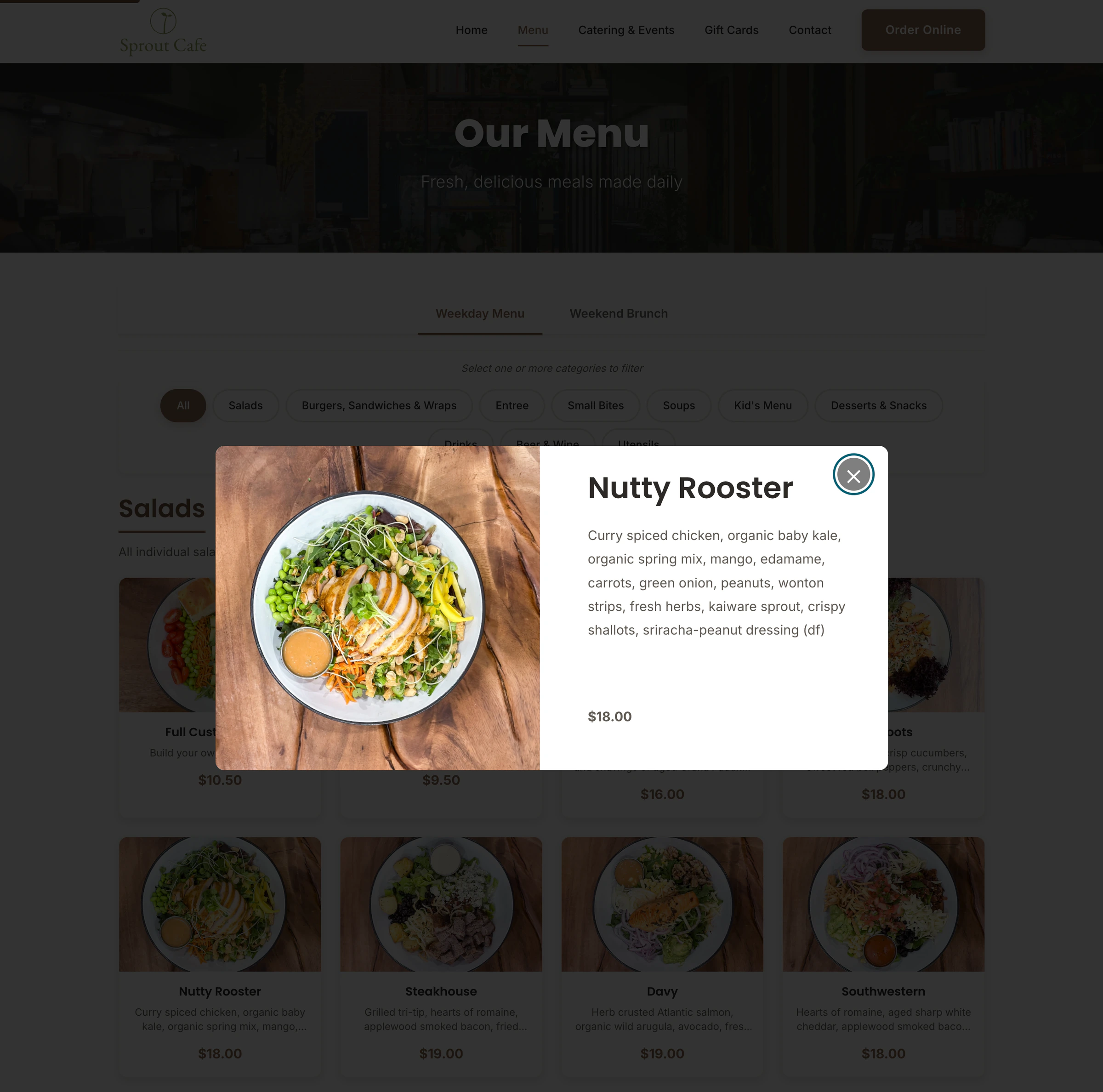 Cafe Sprout menu item detail for Nutty Rooster, with ingredients, dietary notes, and price shown in the website interface.