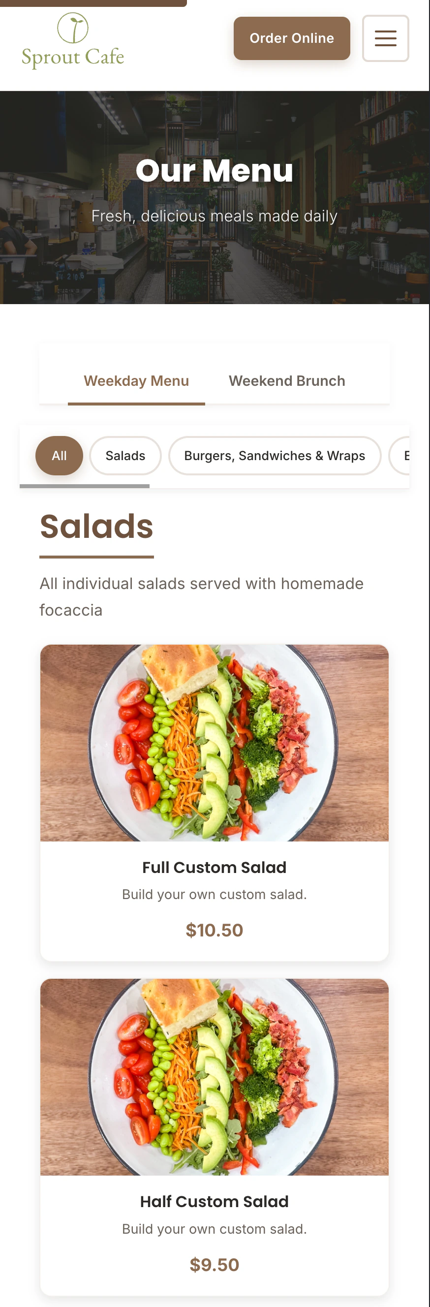 Cafe Sprout menu on a phone, with weekday menu filters and salad items stacked for a small screen.