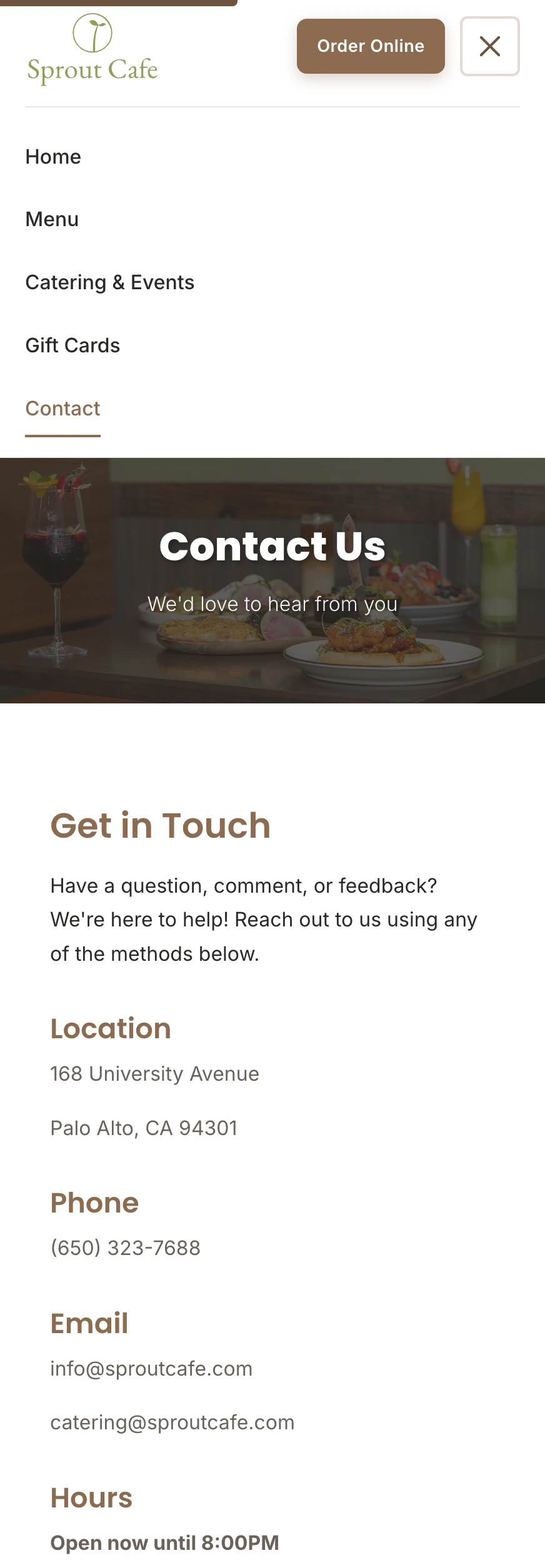 Cafe Sprout contact page on a phone, with navigation open and location, phone, email, and hours visible.