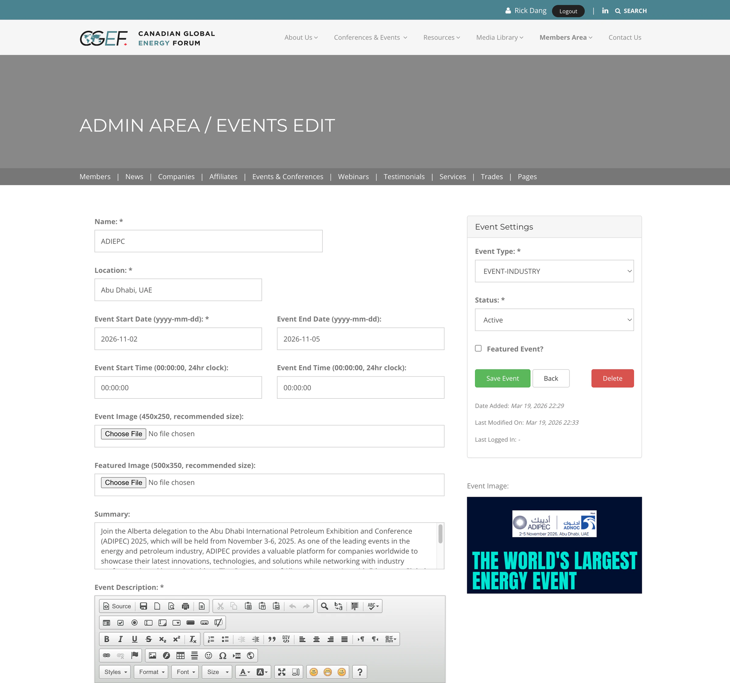 CGEF event administration screen for editing ADIPEC, including dates, summary, event type, and publishing controls.