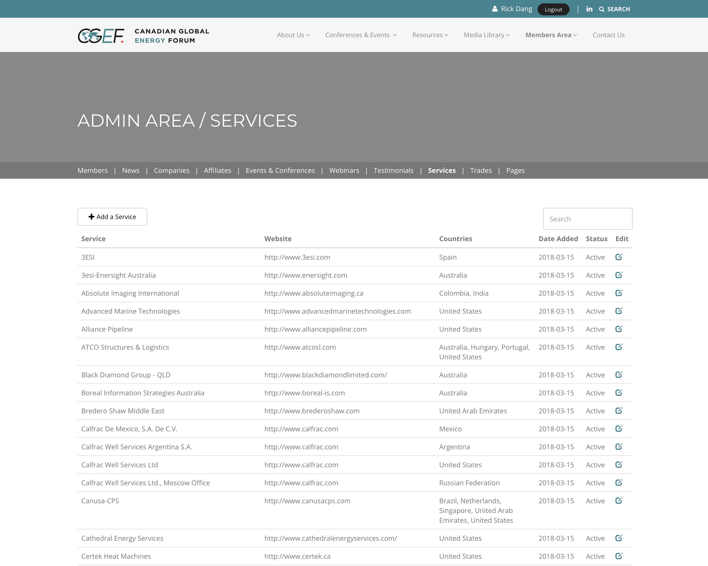 CGEF administrative services list with searchable records, status, and edit controls.