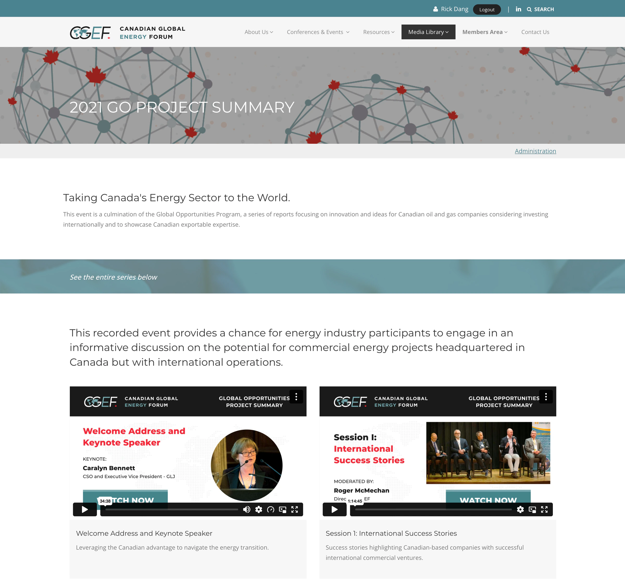 CGEF custom landing page for the 2021 GO Project Summary, with recorded sessions presented as video content.