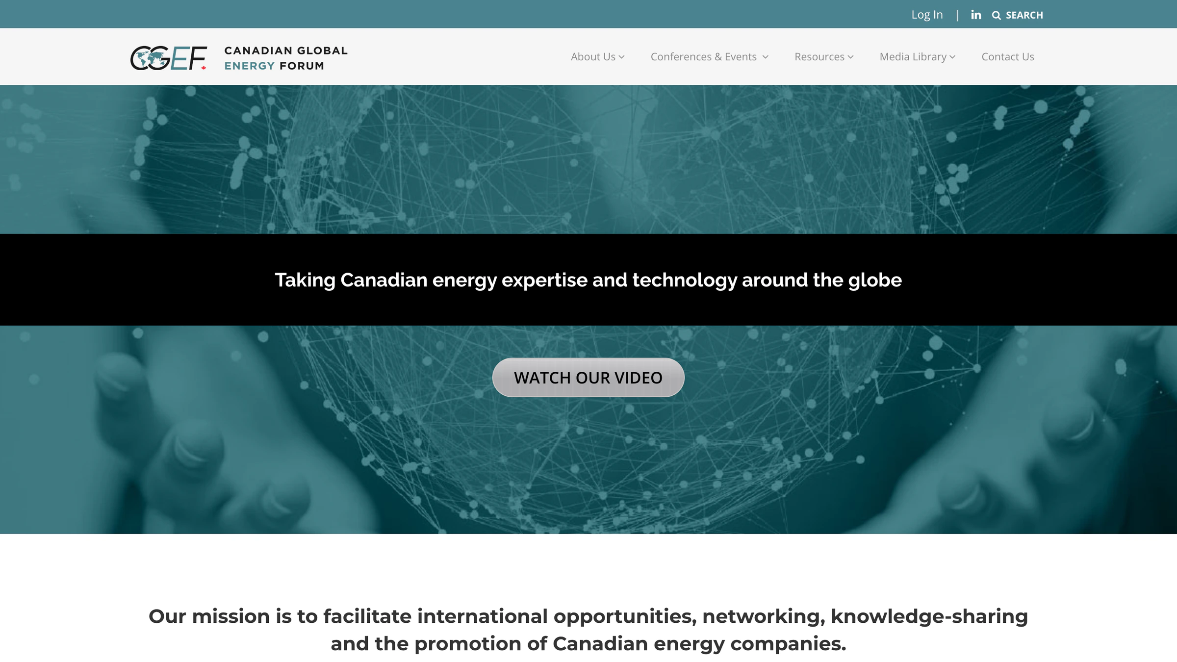 CGEF homepage with the organization logo, navigation, and the headline taking Canadian energy expertise and technology around the globe.