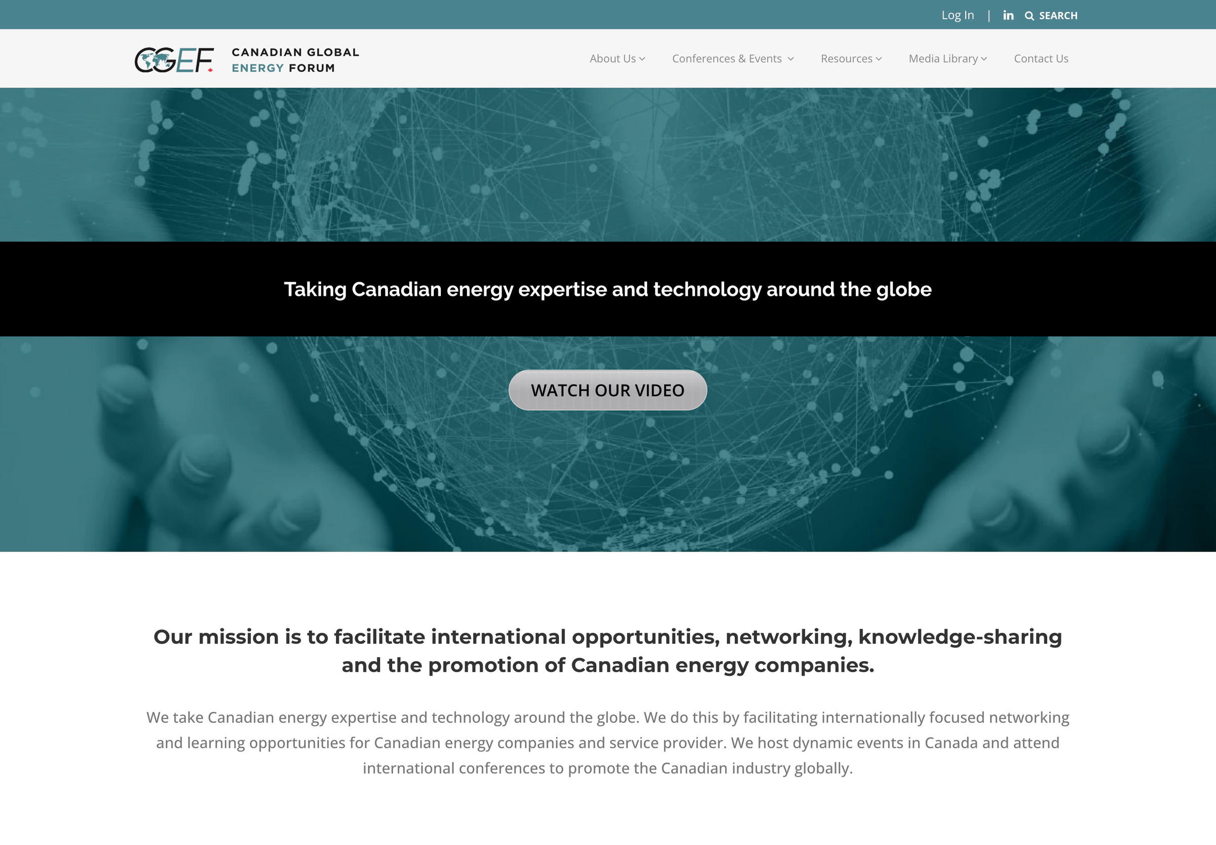 CGEF homepage with organization navigation and the headline taking Canadian energy expertise and technology around the globe.