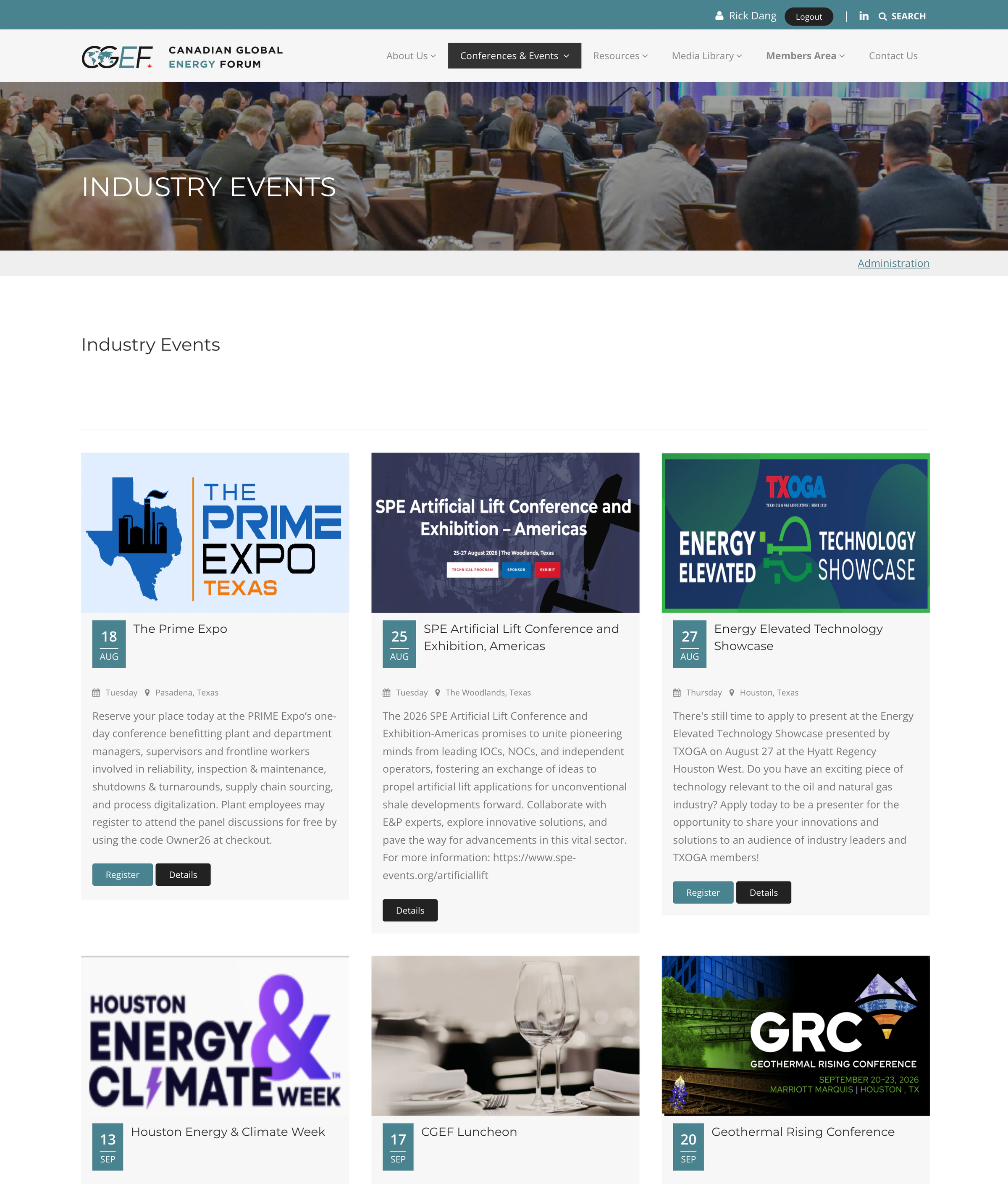 CGEF industry events listing with event cards, dates, locations, and register and details actions.