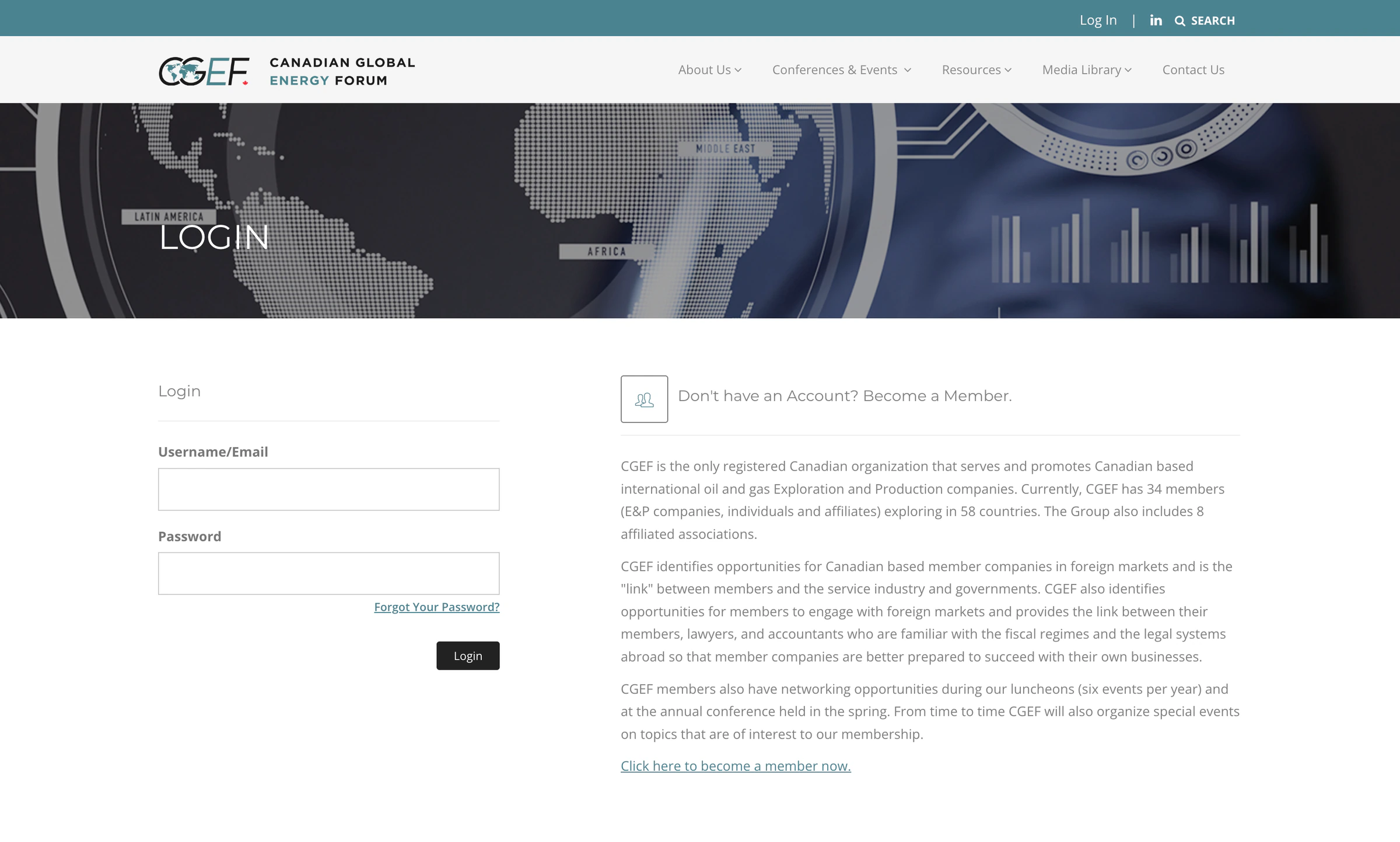 CGEF login page with username and password fields alongside membership information.