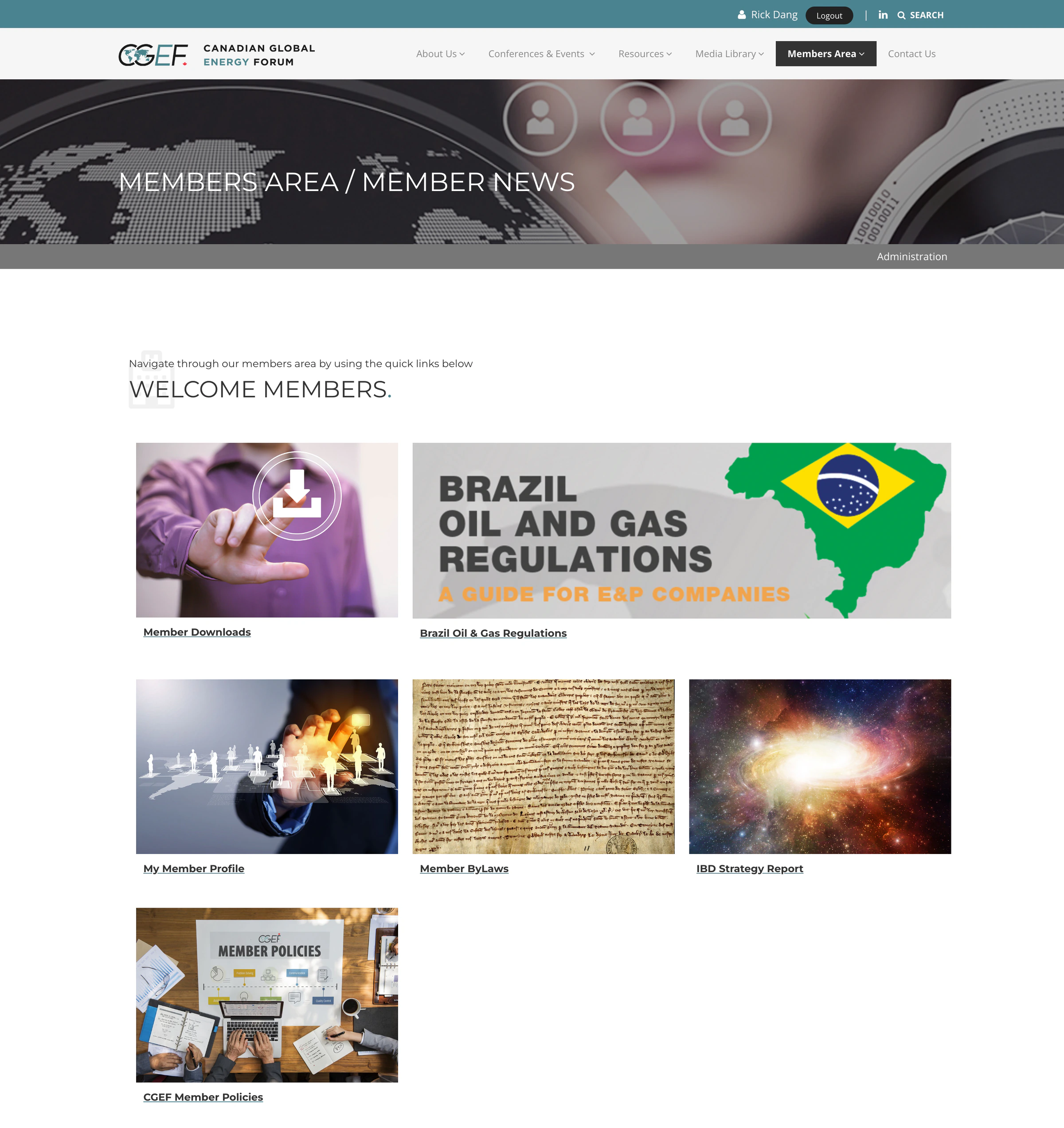 CGEF members area with quick links to downloads, member profile, bylaws, reports, and policies.