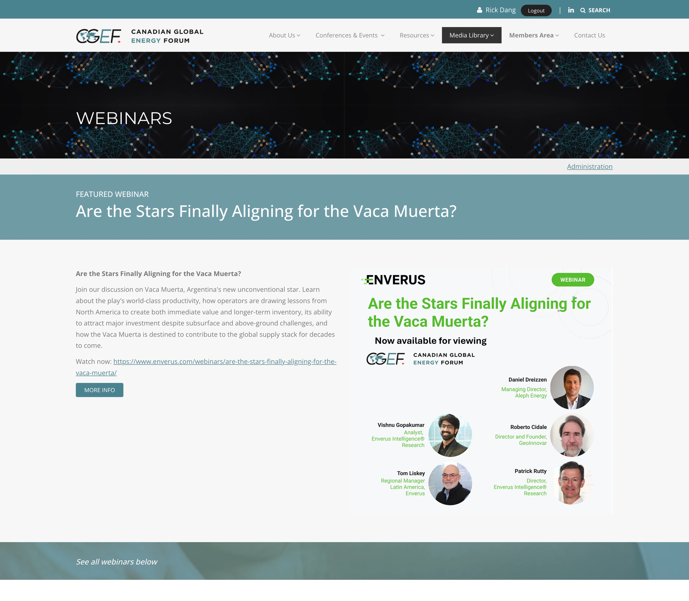 CGEF webinars page featuring a recorded session with speaker information and a link to watch.