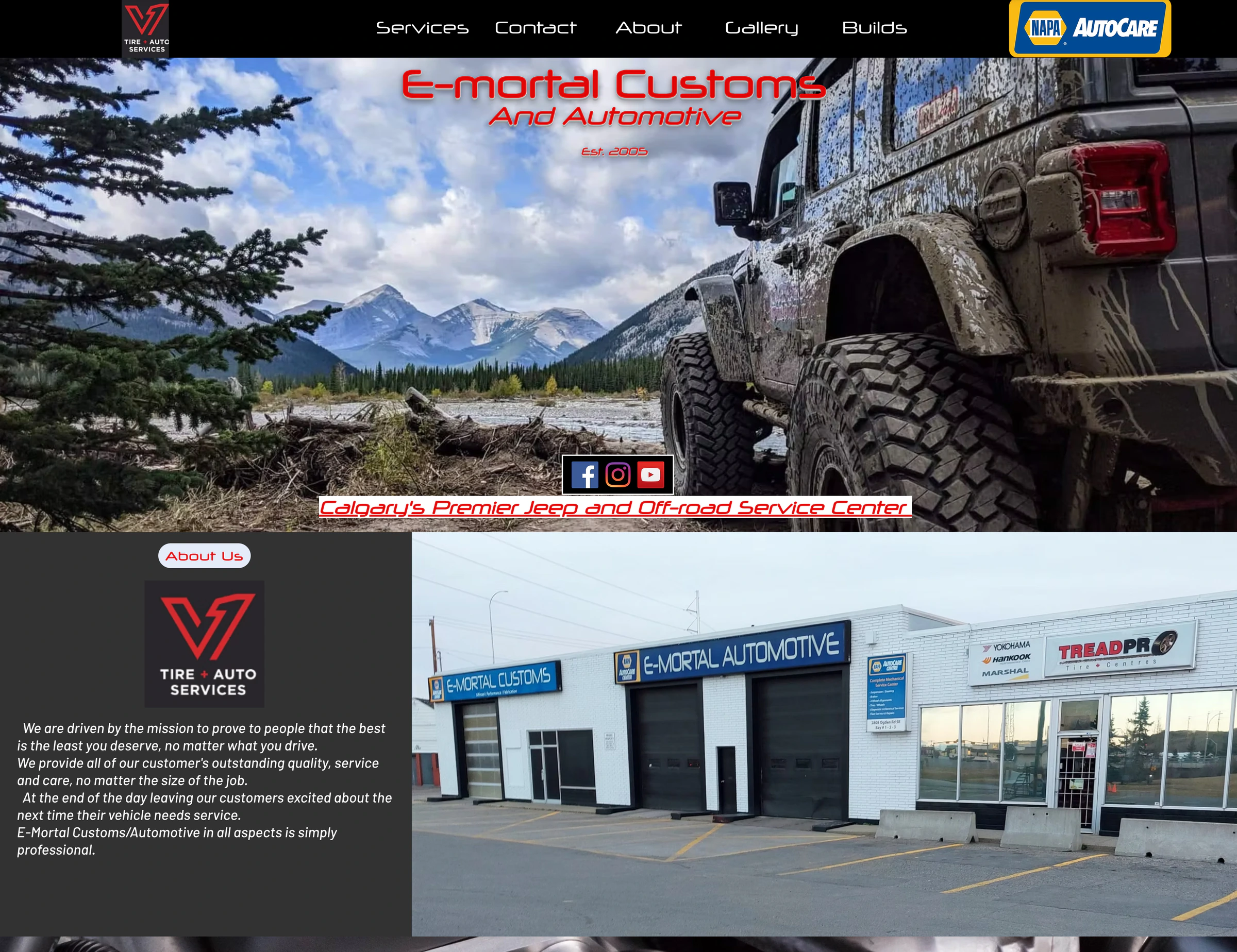 Previous E-Mortal Customs Wix homepage with a Jeep photograph, shop branding, and an about section beside the storefront.