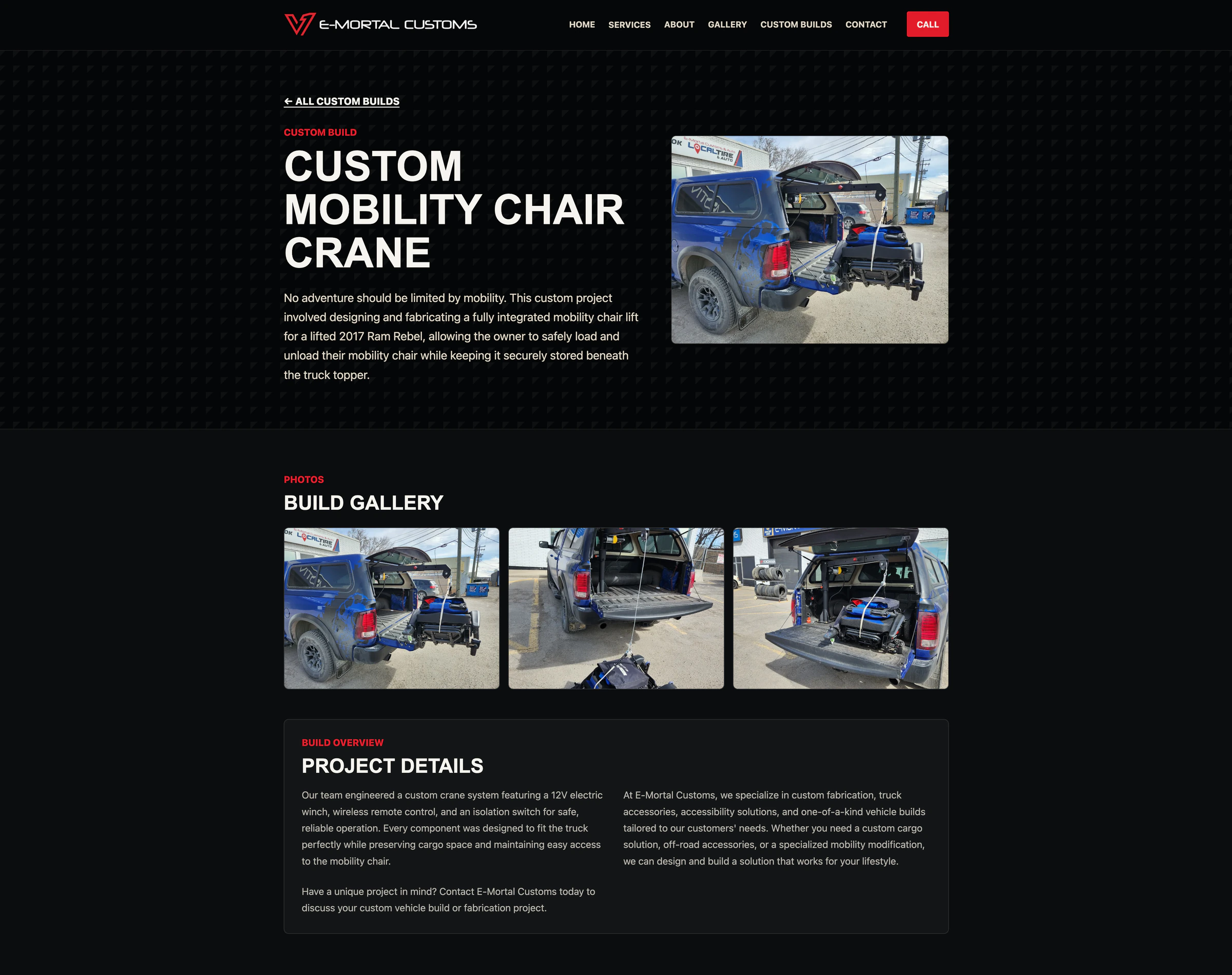 E-Mortal Customs custom build page for a mobility chair crane, with project photos and build details.