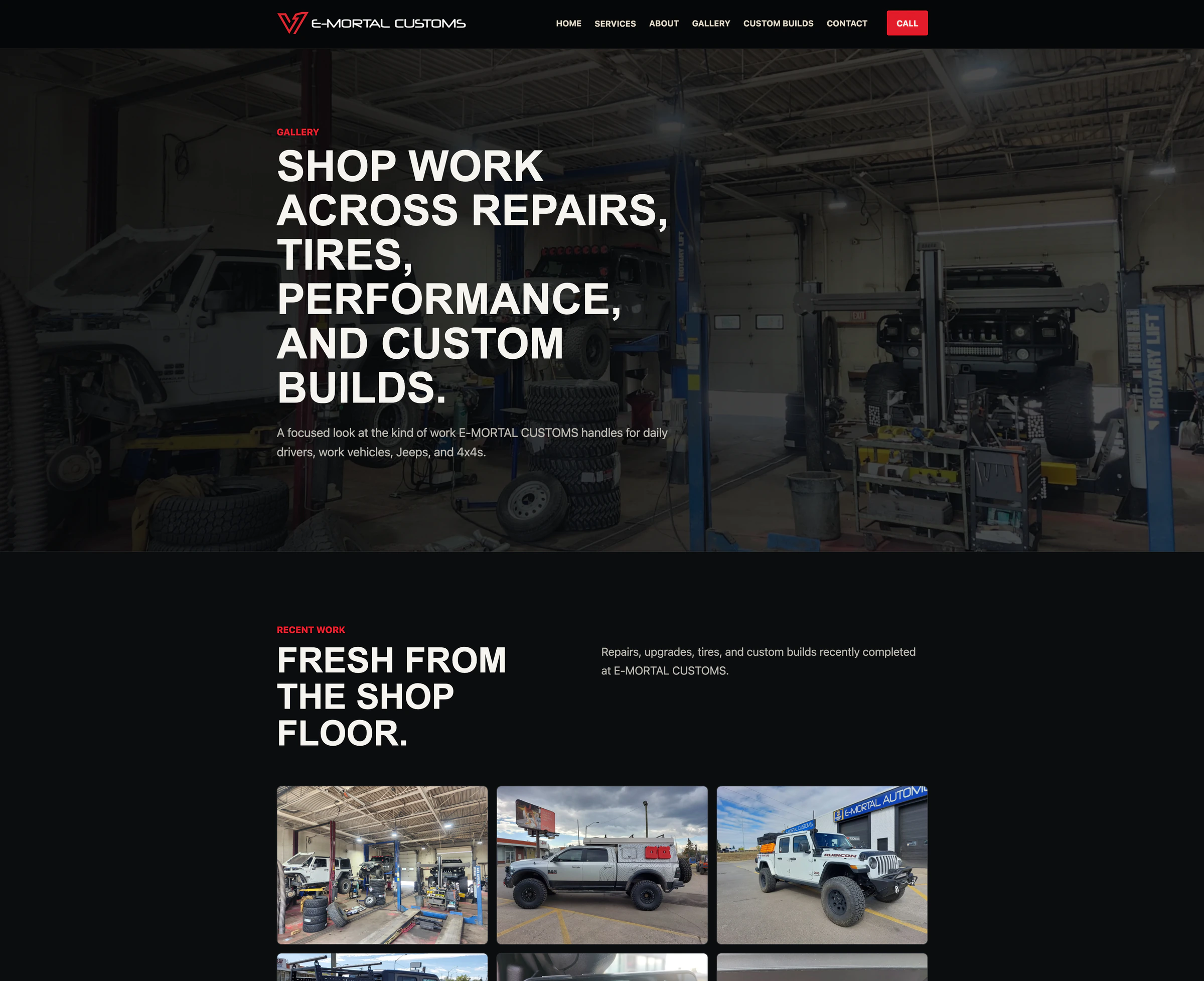 E-Mortal Customs gallery page showing recent shop work across repairs, tires, performance, and custom builds.