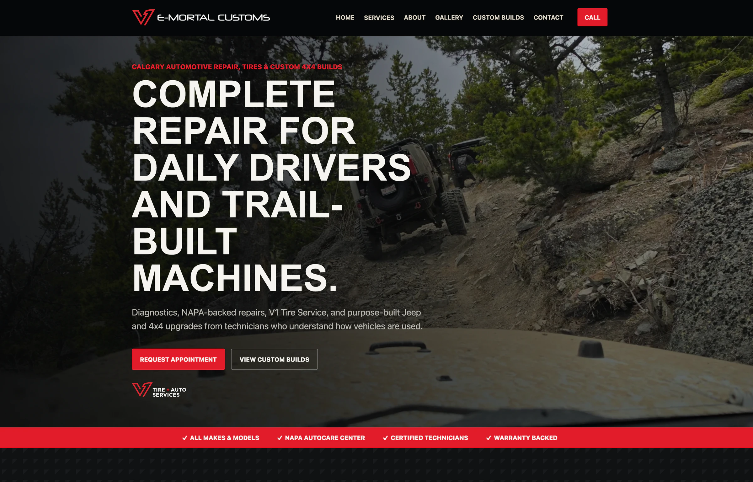 E-Mortal Customs homepage with shop navigation and a headline for automotive repair, tires, and custom 4x4 builds.