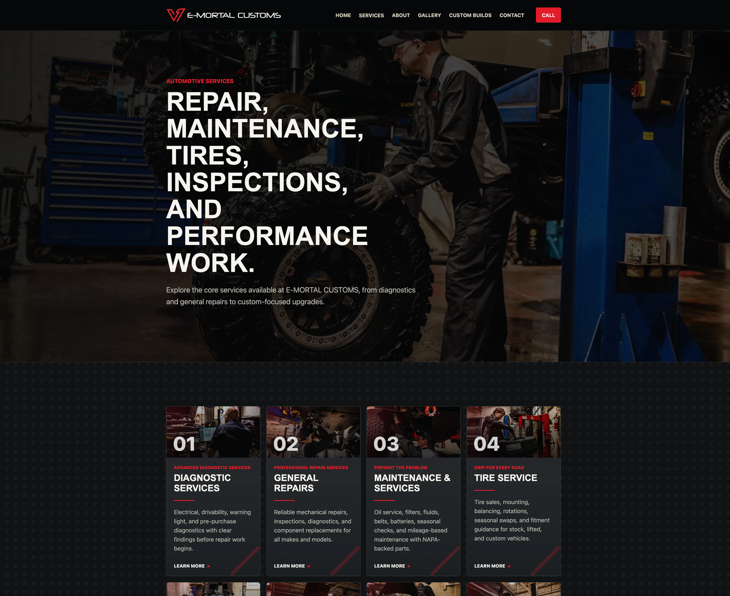 E-Mortal Customs services page with diagnostic, repair, maintenance, and tire service listings.