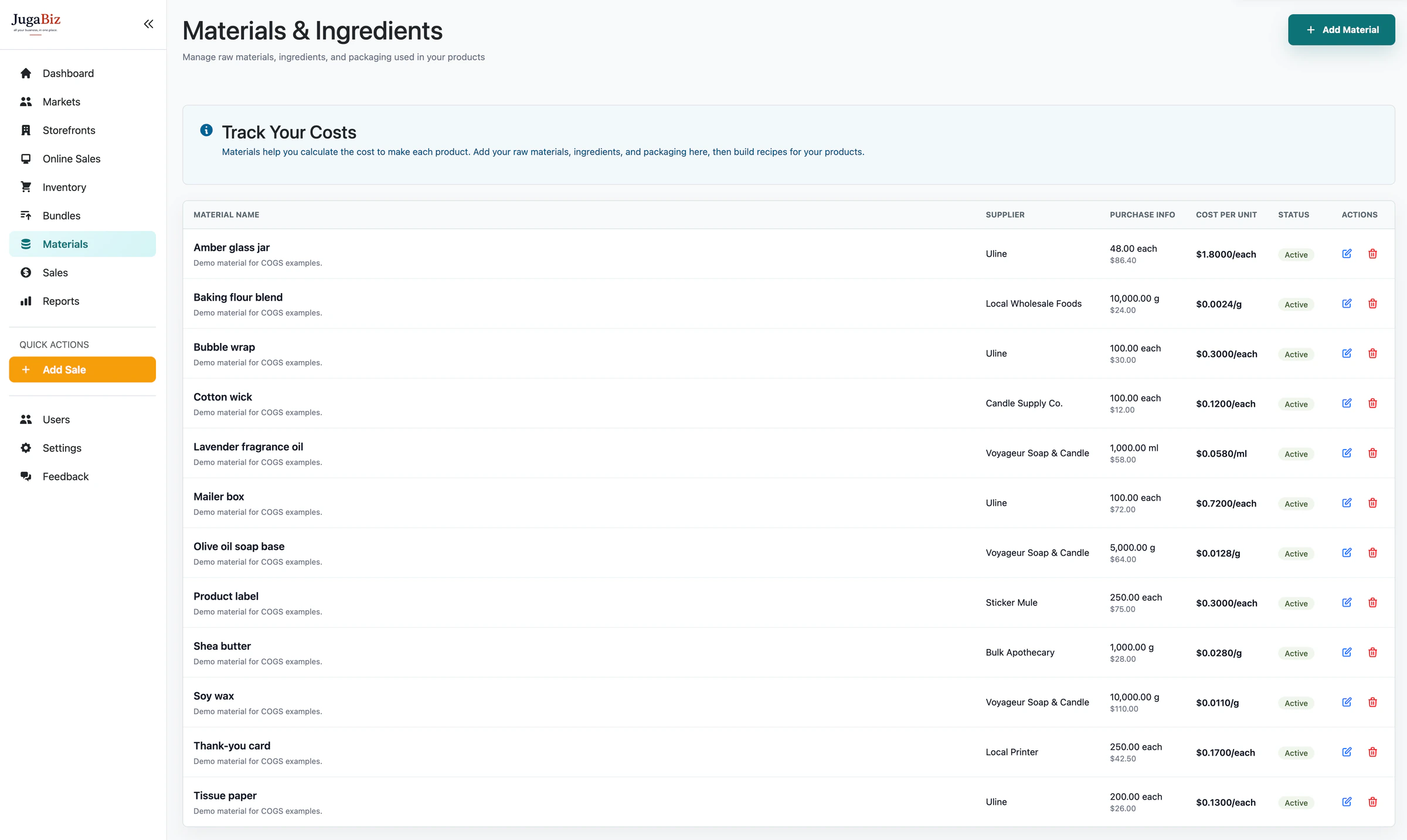 JugaBiz materials and ingredients list used to calculate product costs, including suppliers, purchase quantities, and cost per unit.