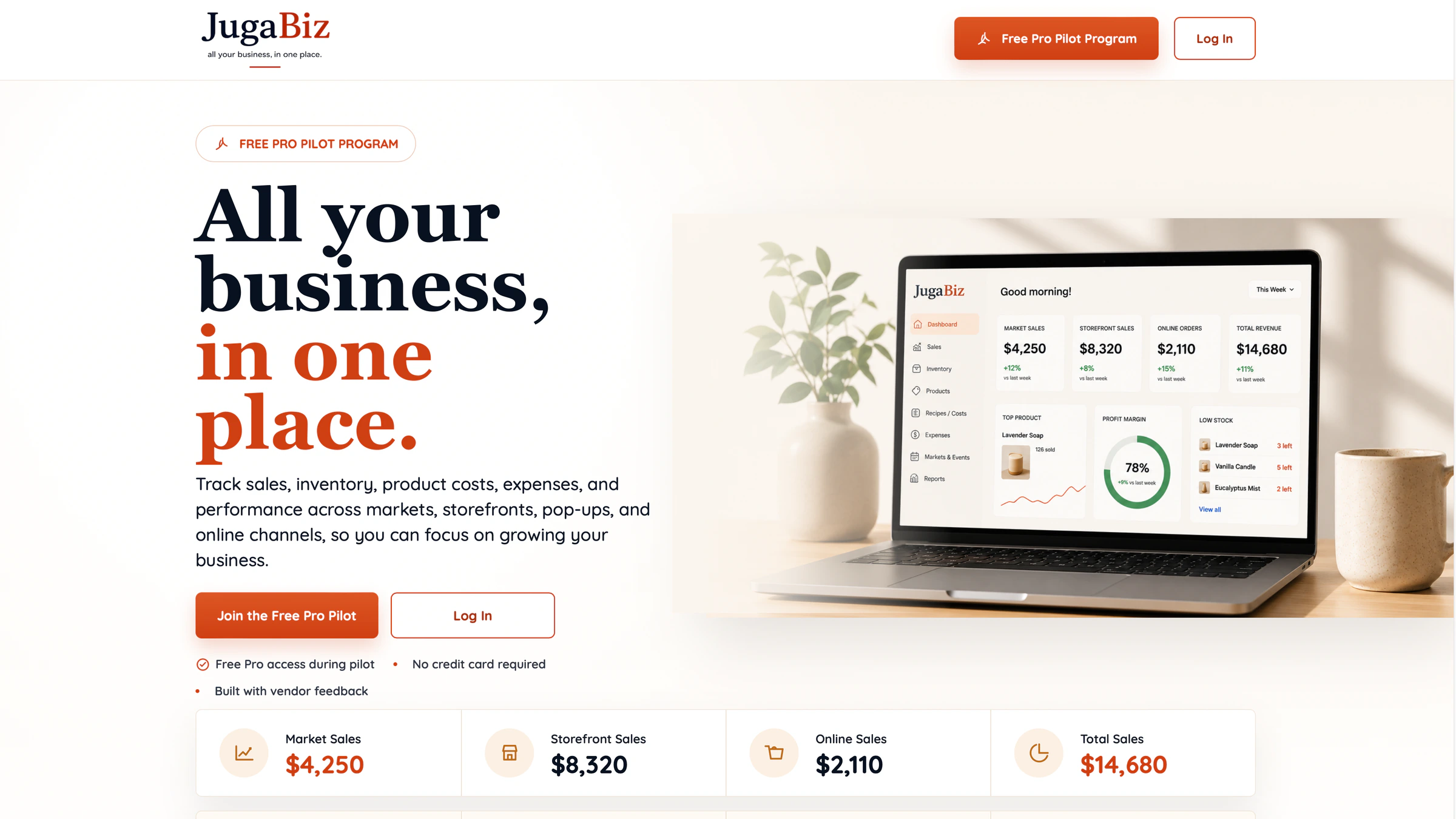 JugaBiz public homepage describing sales, inventory, product costs, and performance tracking, with a laptop showing the application dashboard.