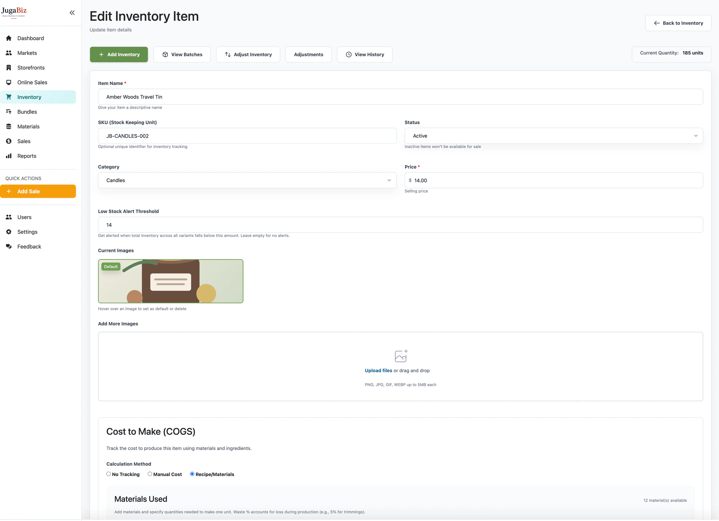 JugaBiz inventory editor for Amber Woods Travel Tin, with SKU, pricing, product images, and recipe-based cost tracking.