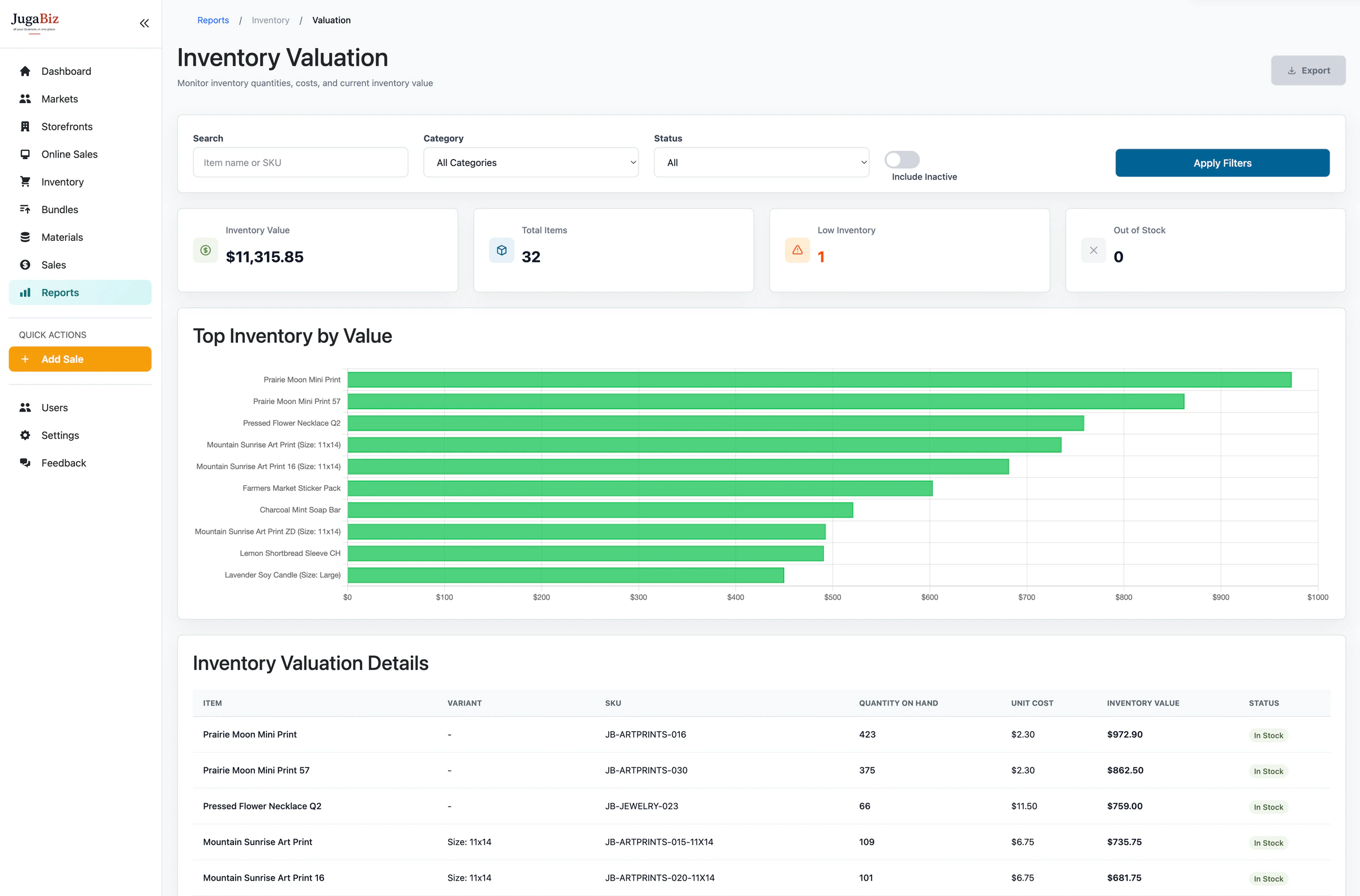 JugaBiz inventory valuation report with stock value, item counts, a top-inventory chart, and a detailed valuation table.