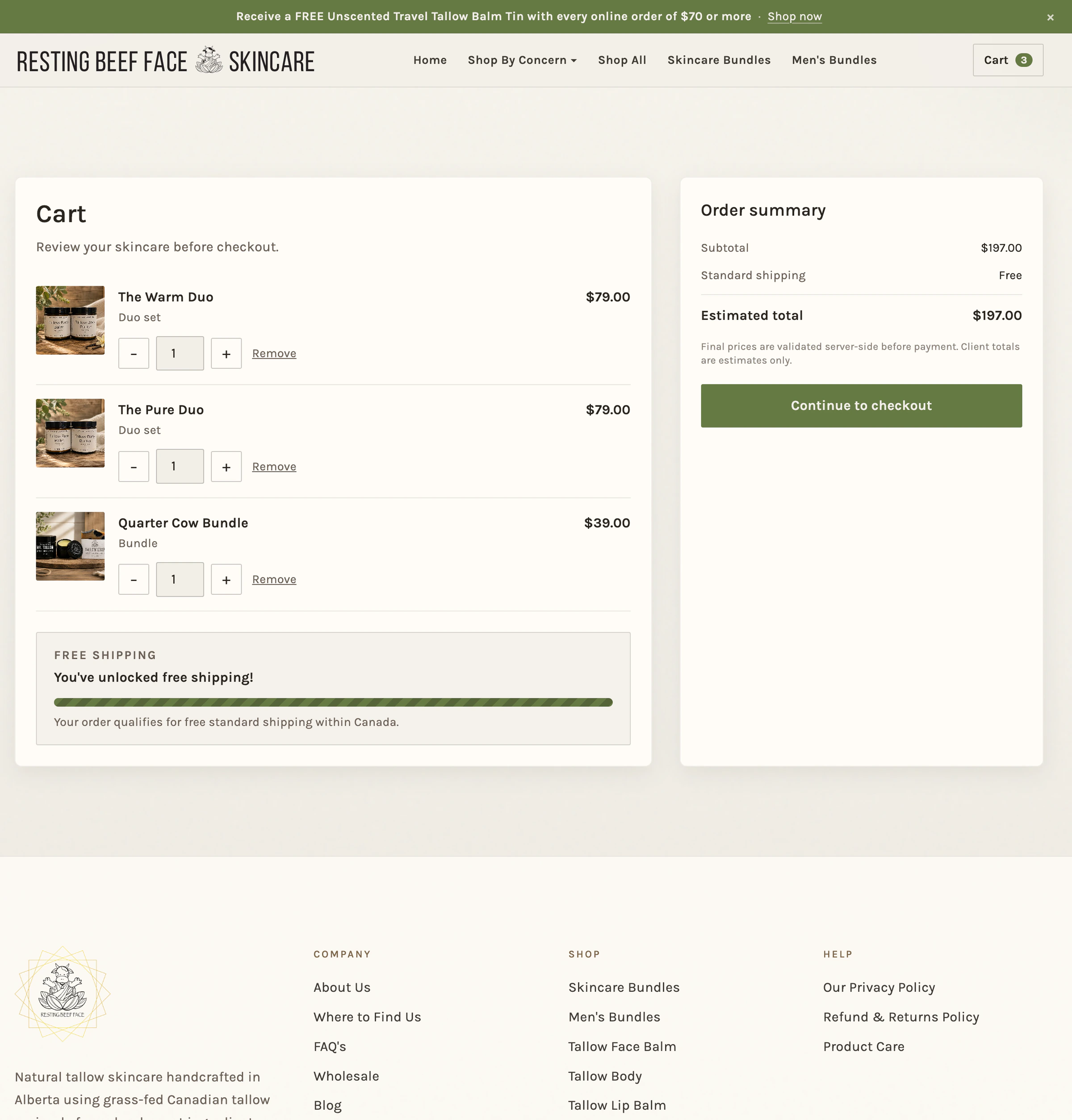 Resting Beef Face cart page with line items, free-shipping status, order summary, and checkout.