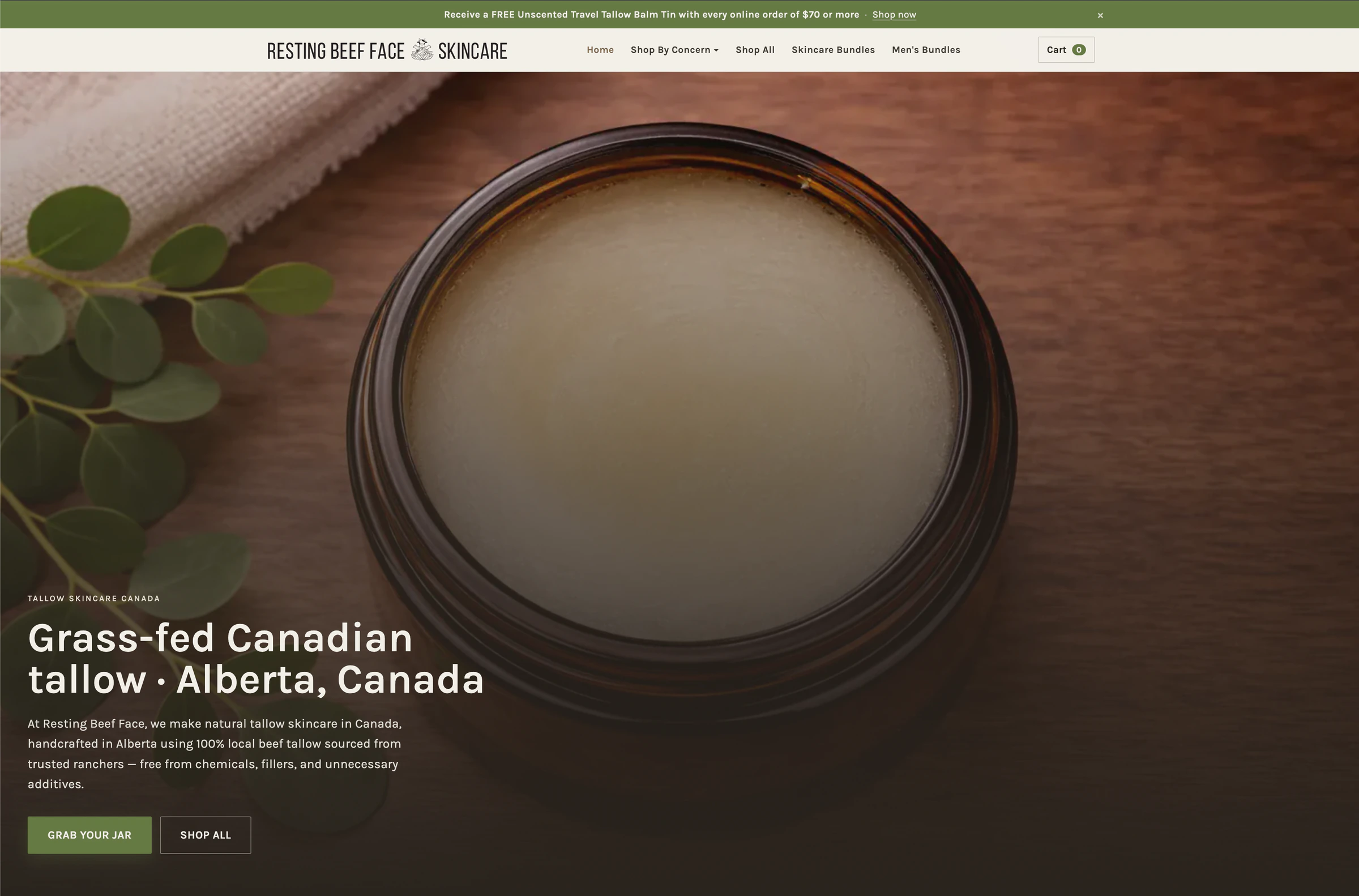 Resting Beef Face storefront homepage in development, introducing grass-fed Canadian tallow skincare from Alberta.