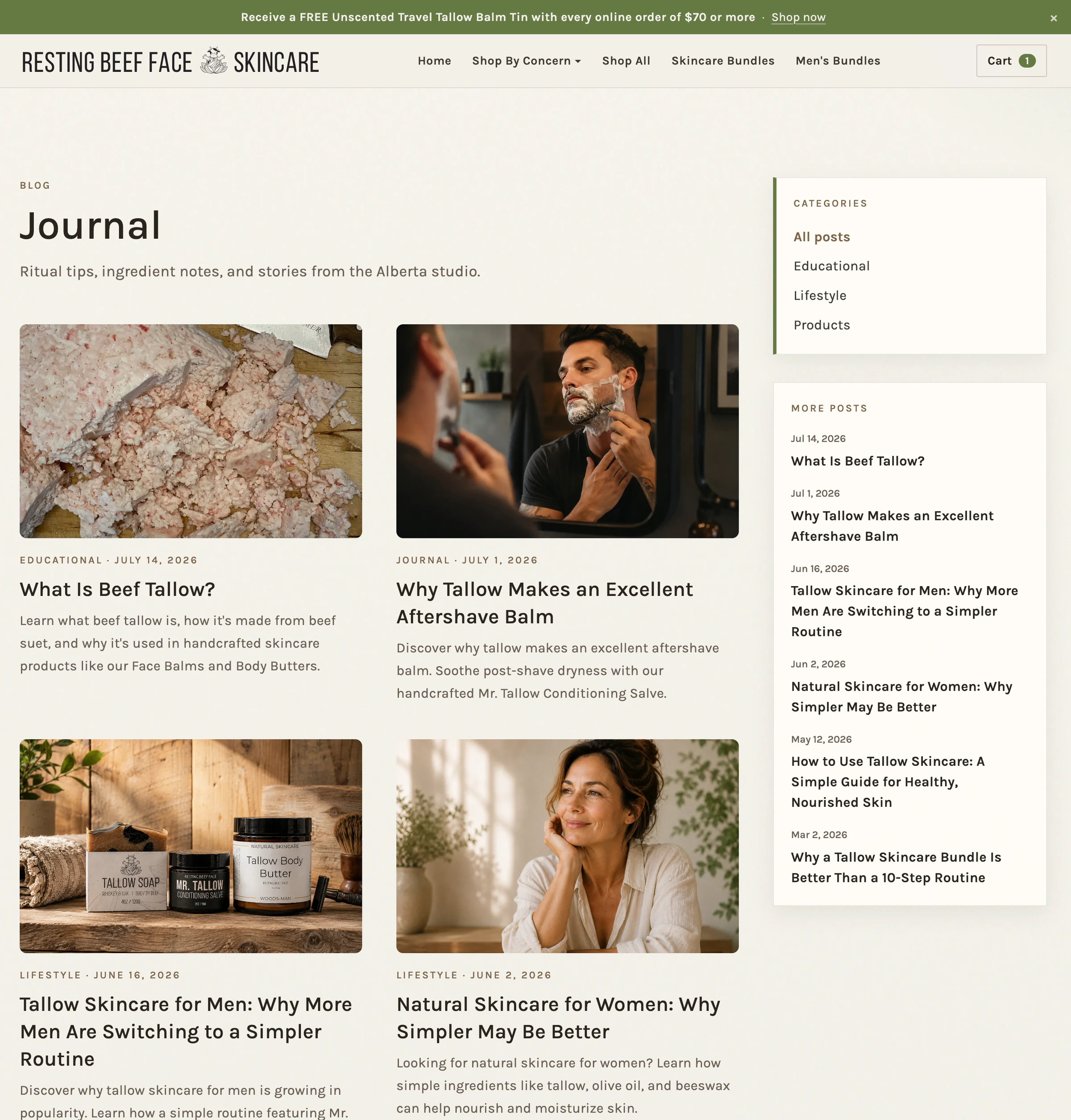 Resting Beef Face journal listing educational and lifestyle articles supporting the storefront.