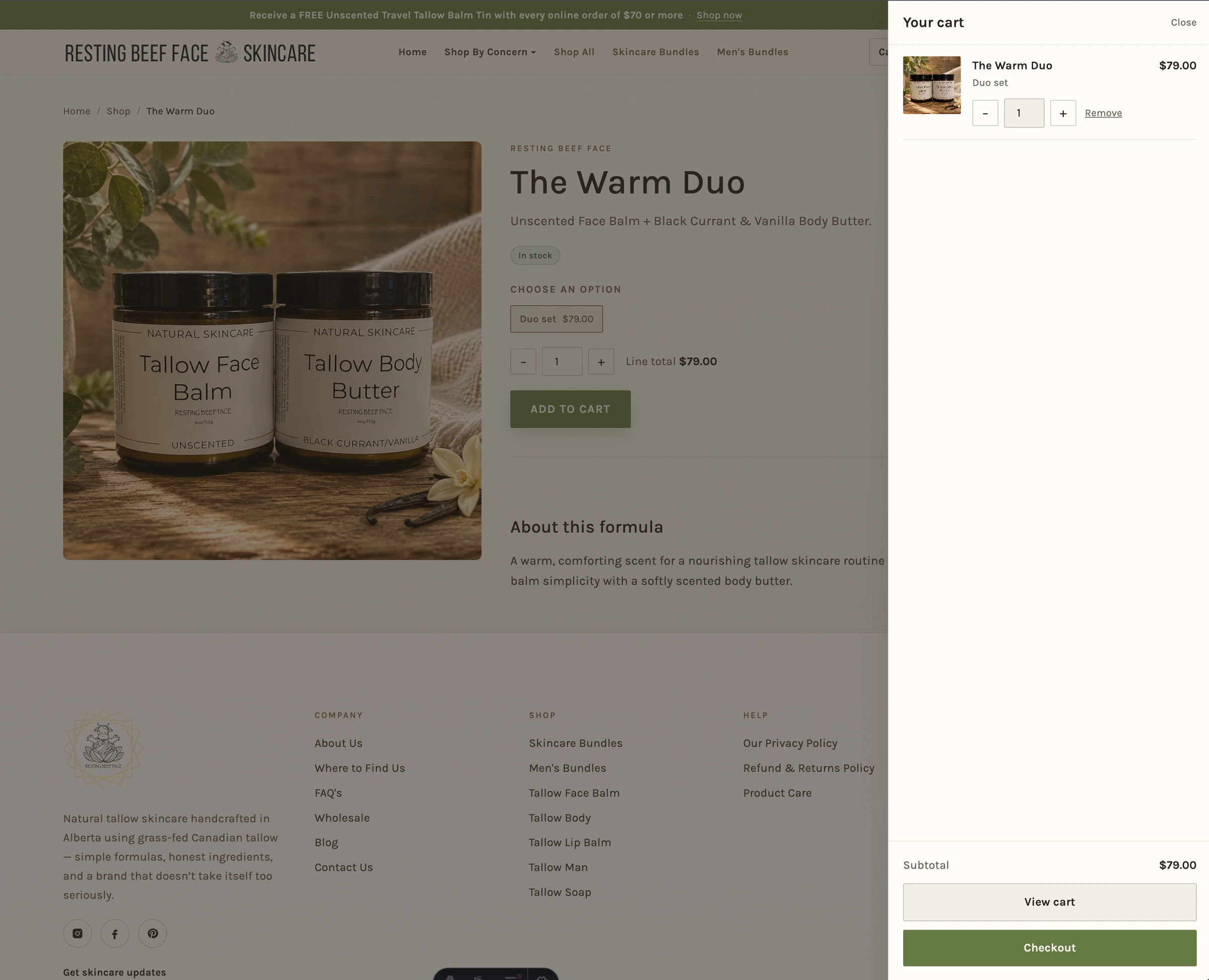Resting Beef Face product page for The Warm Duo with add-to-cart controls and an open side cart.