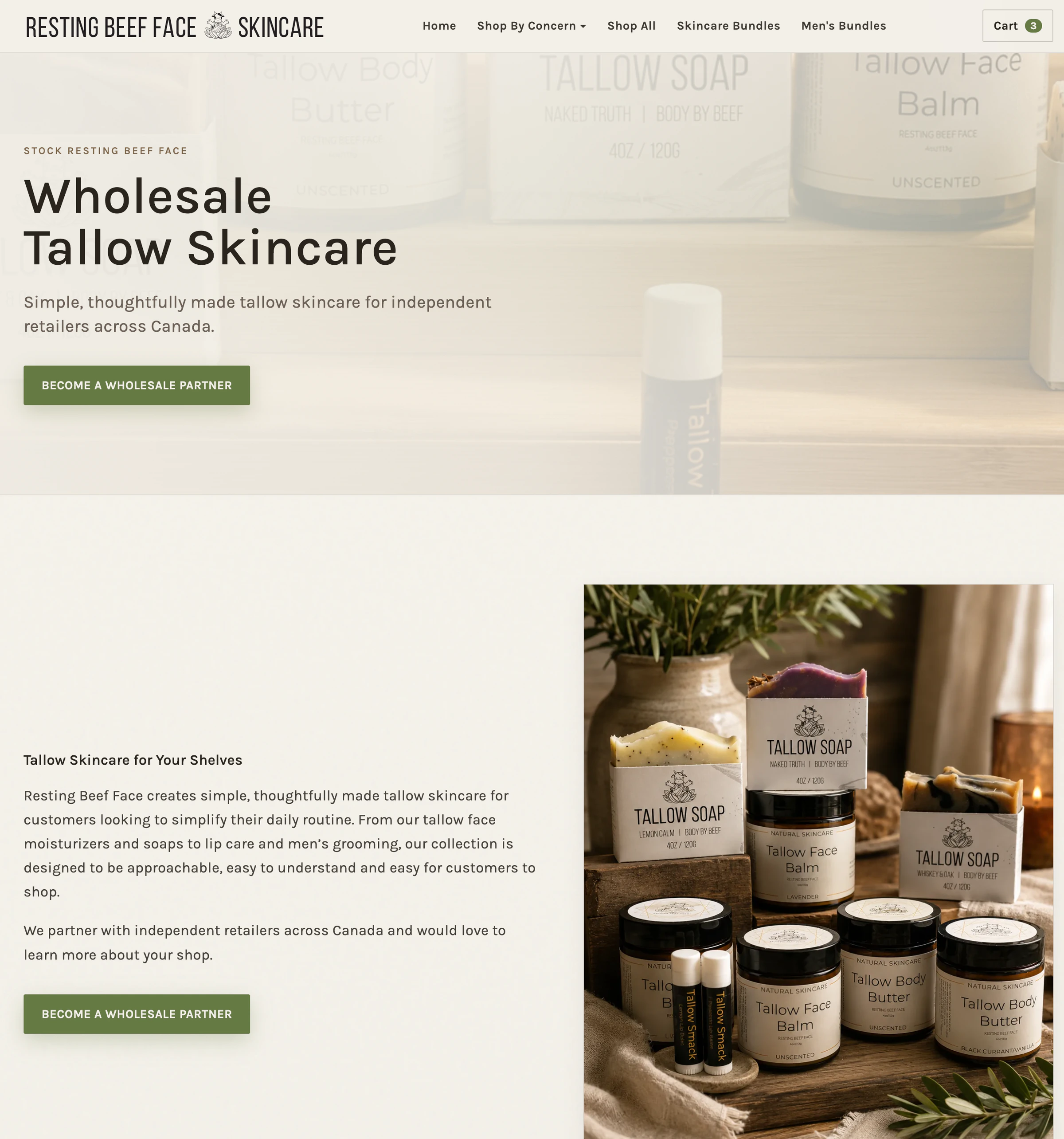 Resting Beef Face wholesale page inviting independent retailers to stock tallow skincare.