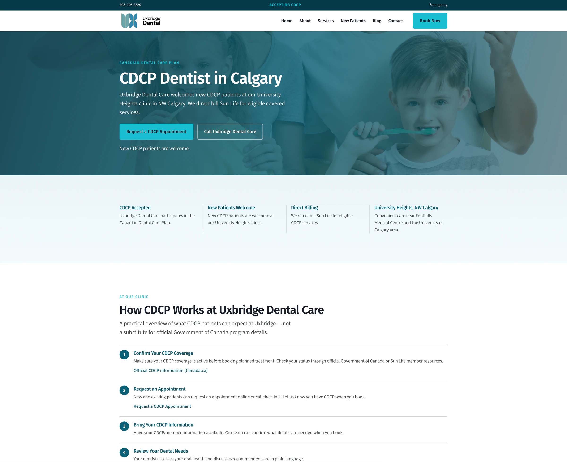 Uxbridge Dental Care Canadian Dental Care Plan page explaining coverage, new-patient welcome, and how CDCP works at the clinic.