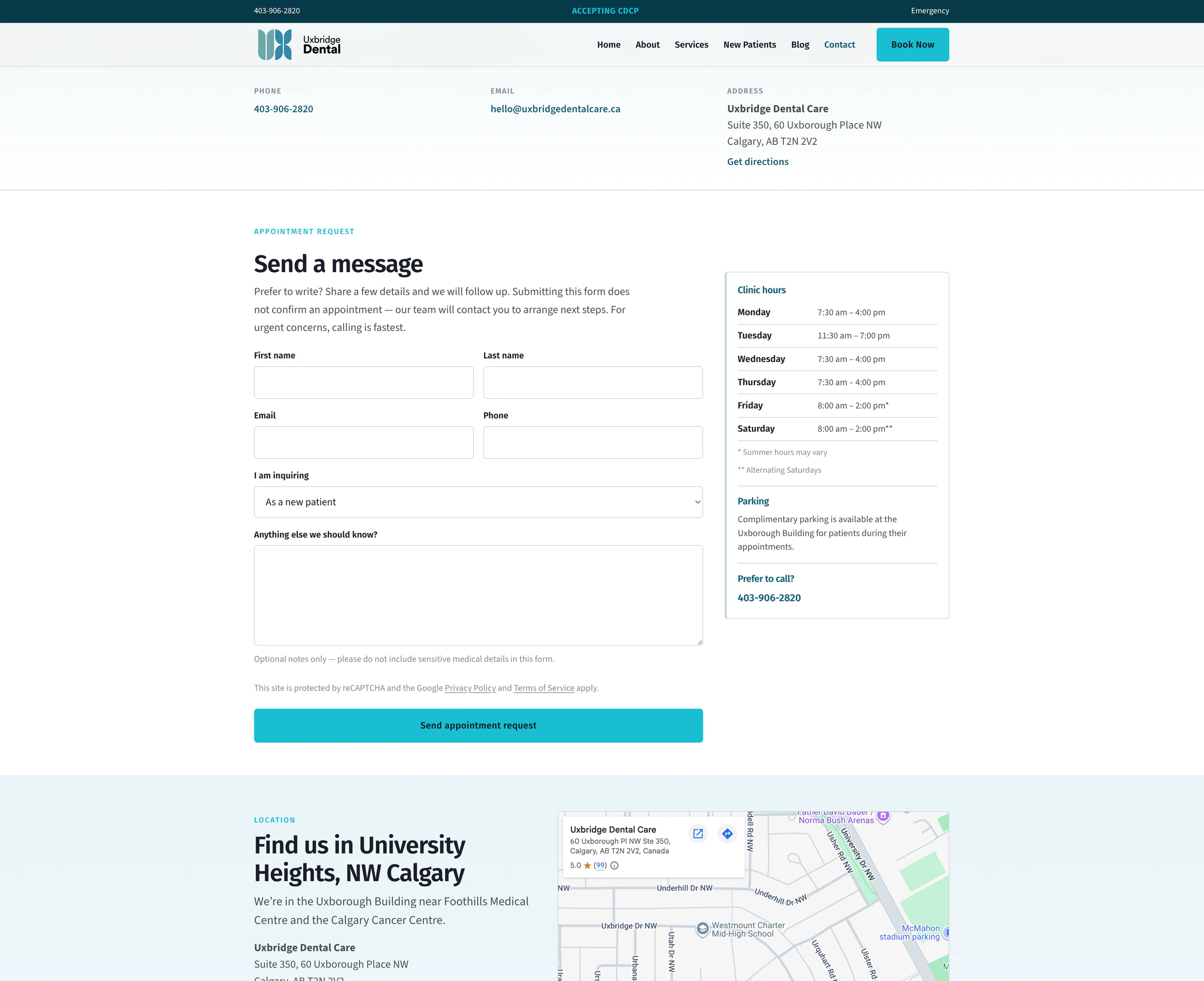 Uxbridge Dental Care contact page with clinic details and a path to request an appointment.