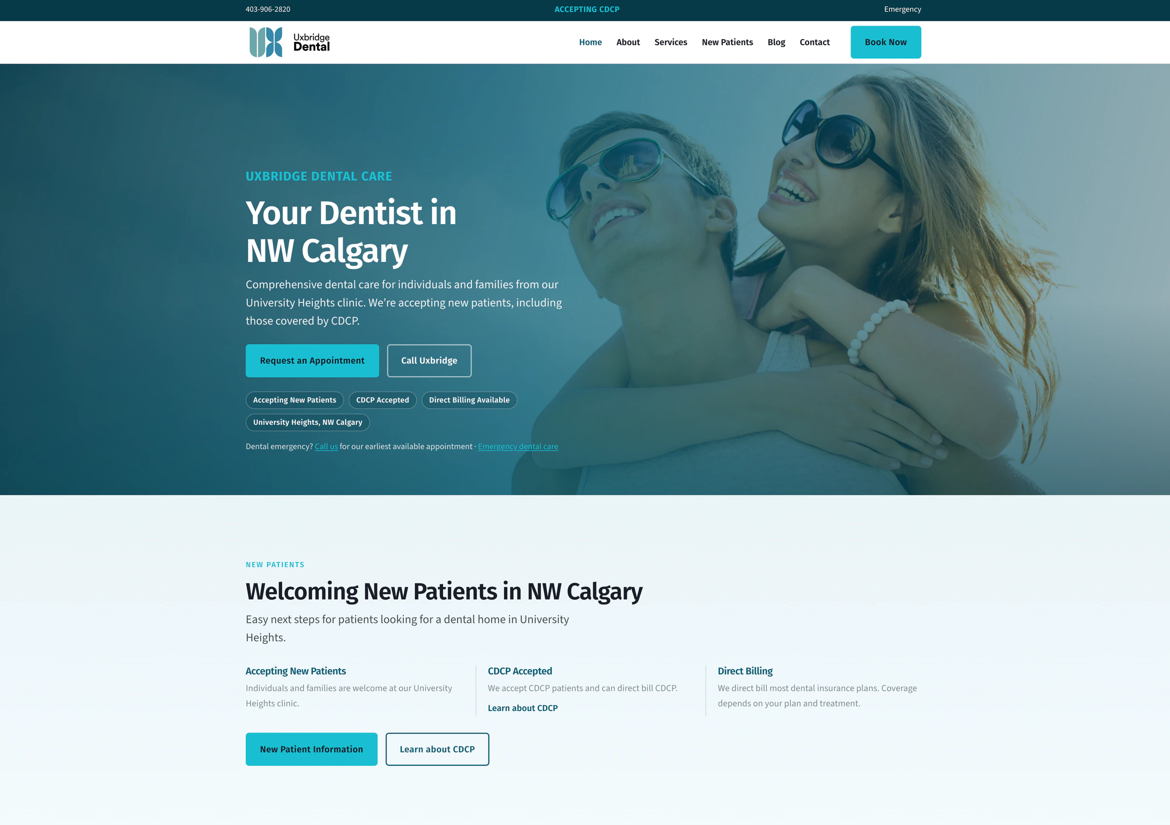 Uxbridge Dental Care homepage introducing the clinic, new-patient information, and appointment calls to action.