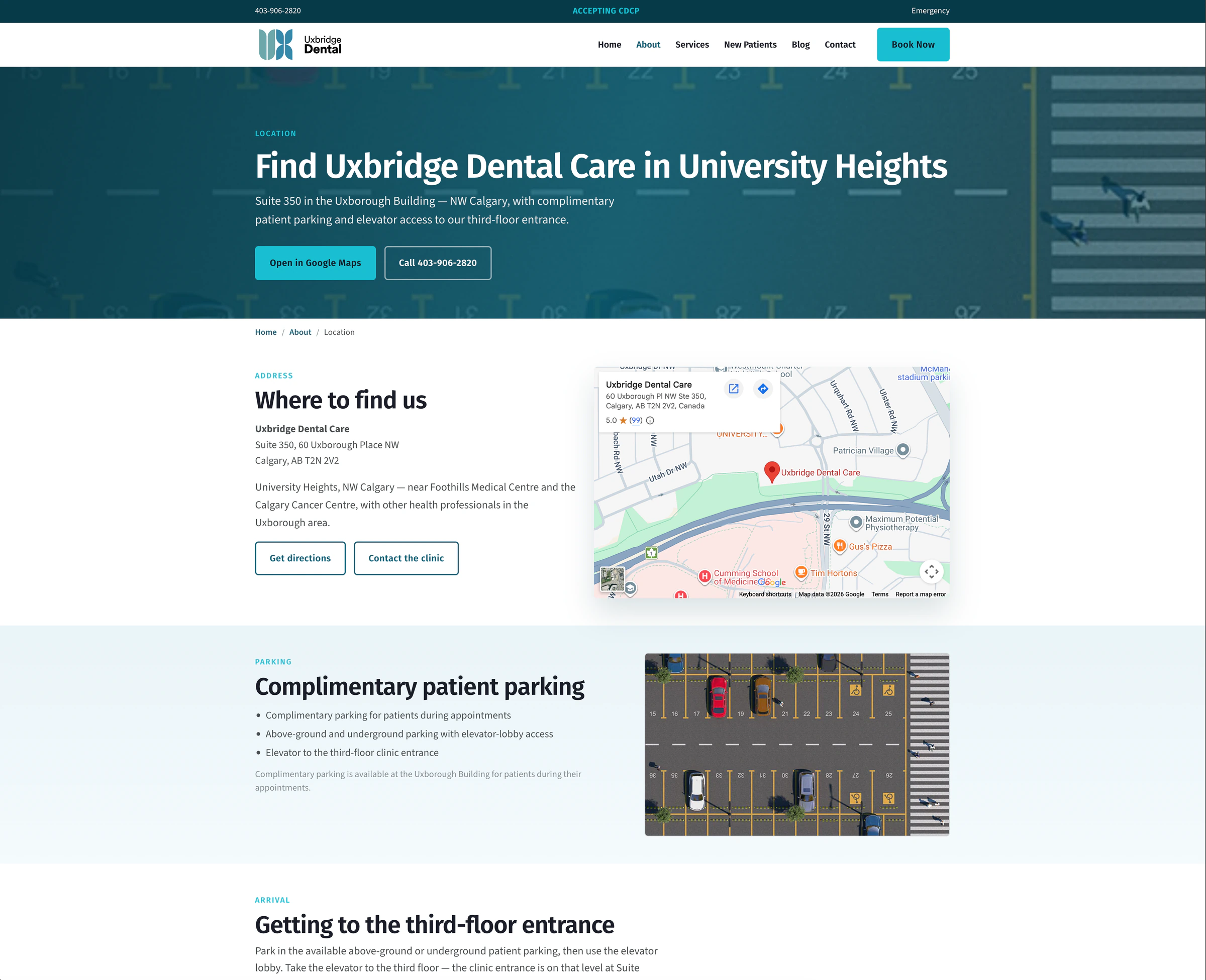 Uxbridge Dental Care location page with clinic address, map, parking information, and directions.