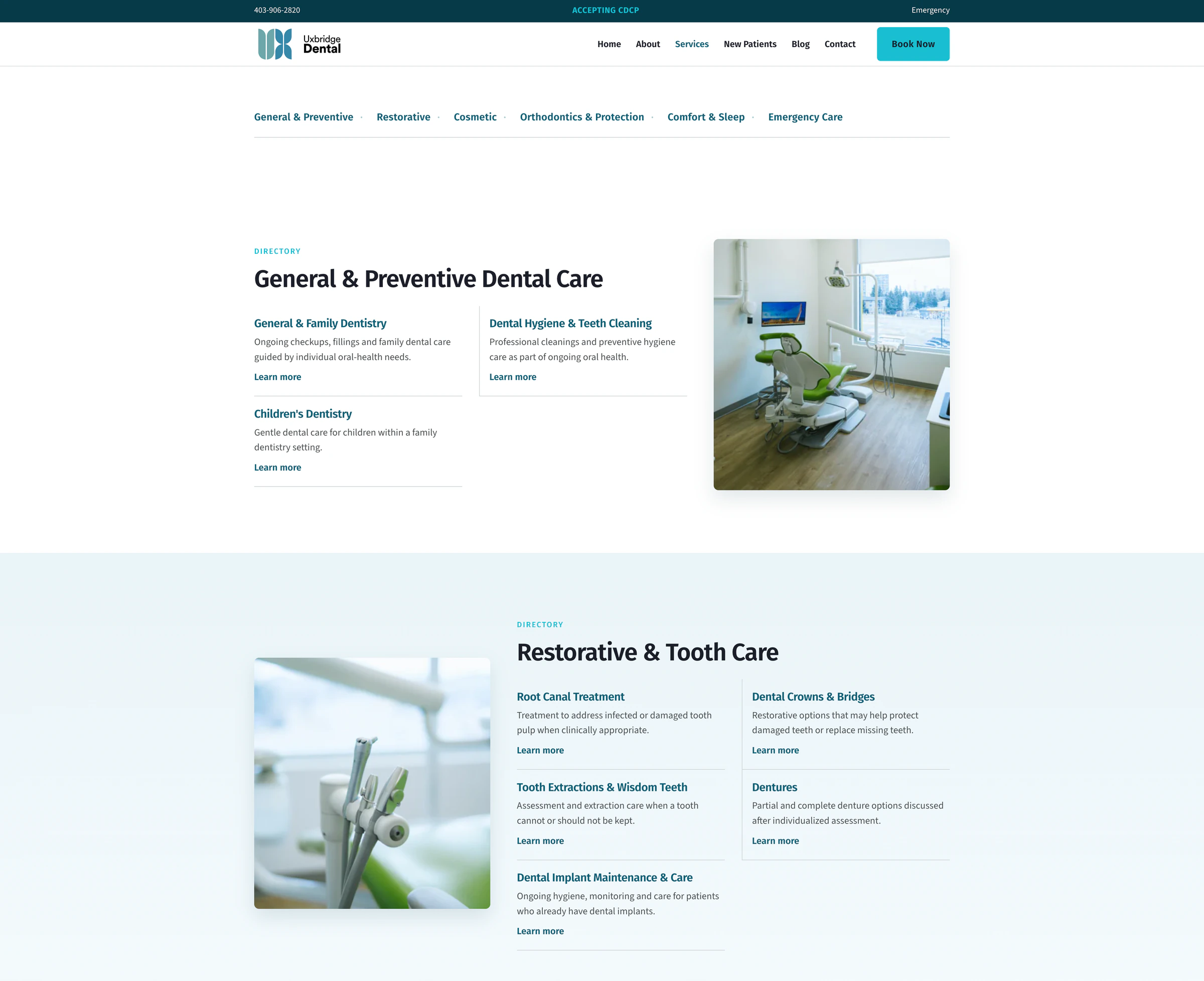 Uxbridge Dental Care services directory with general, preventive, and restorative care grouped into crawlable destinations.
